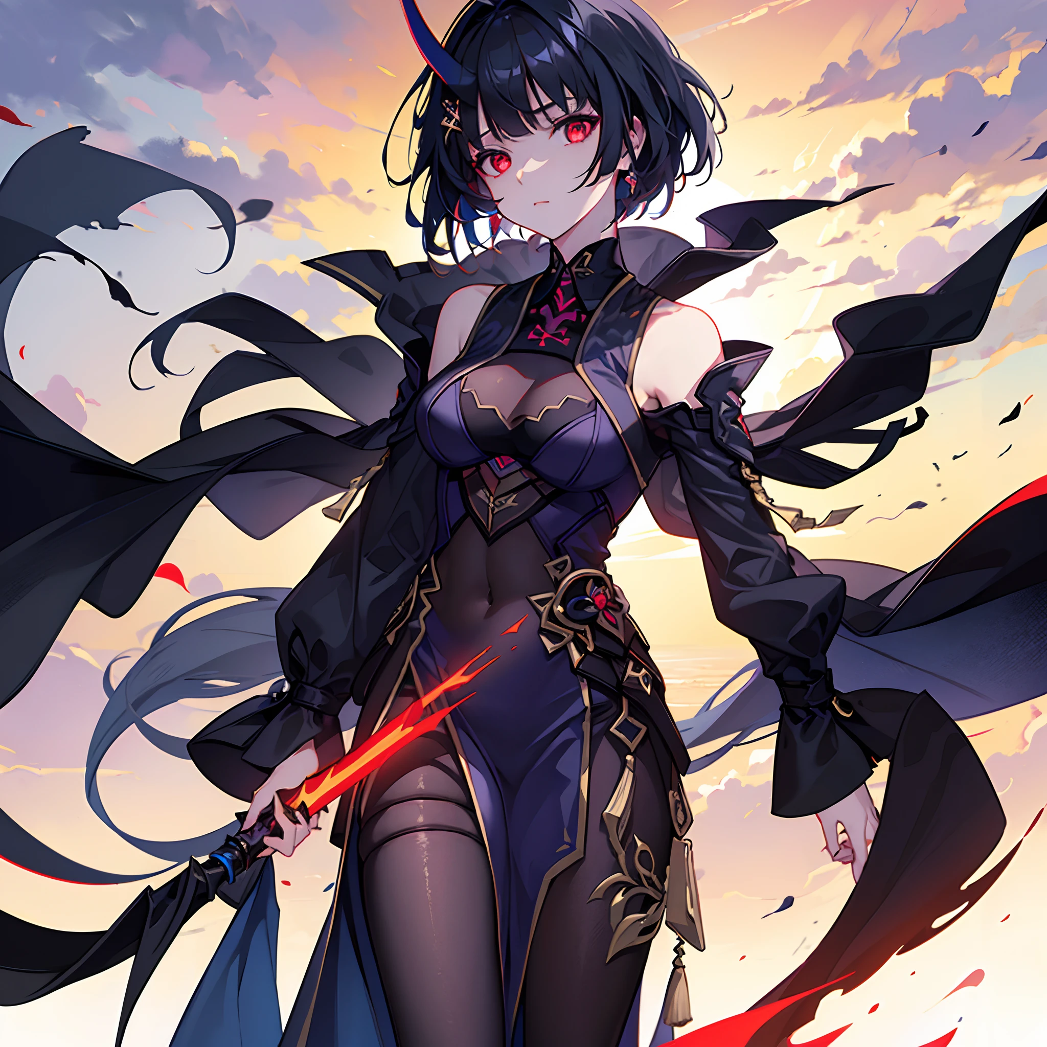 Masterpiece, best quality, aberrant colours, 1 girl, solo, (dim_lighting:1.3), far away view, (zoomed_out:1.3), shoulder look, long open outfit over blue blouse, loose short hair, black hair, glowing red eyes, dark colours, standing atop a high cliff