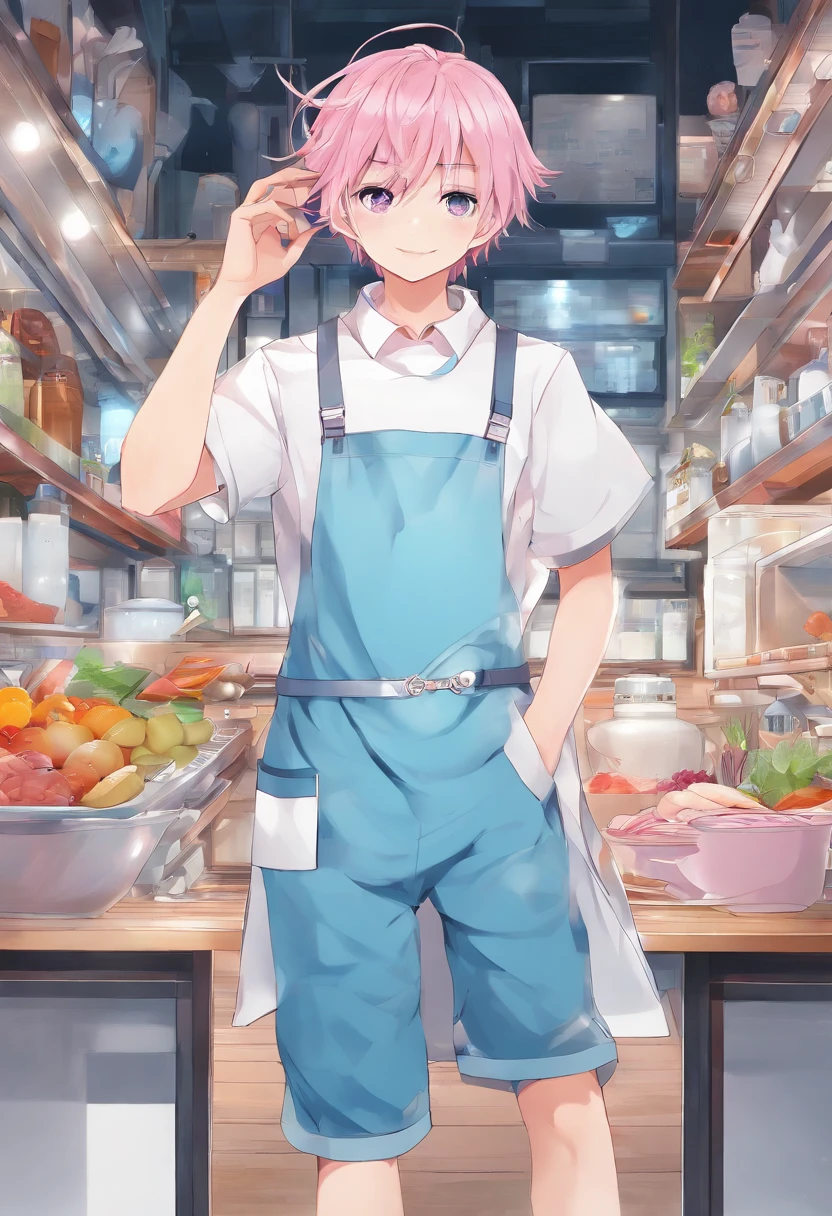 (Best Quality, 4k, Masterpiece:1.2), 1Boy, ((A boy)), (Solo), Pink hair, Short butt hair, Knee-length shorts, Light blue pants, apron, white top, Pants suspension, Light blue suspenders, Smiling mouth, ((No background)), Pink eyes, Sorrisos, hair ribbons, magia, cooking, Masculine face