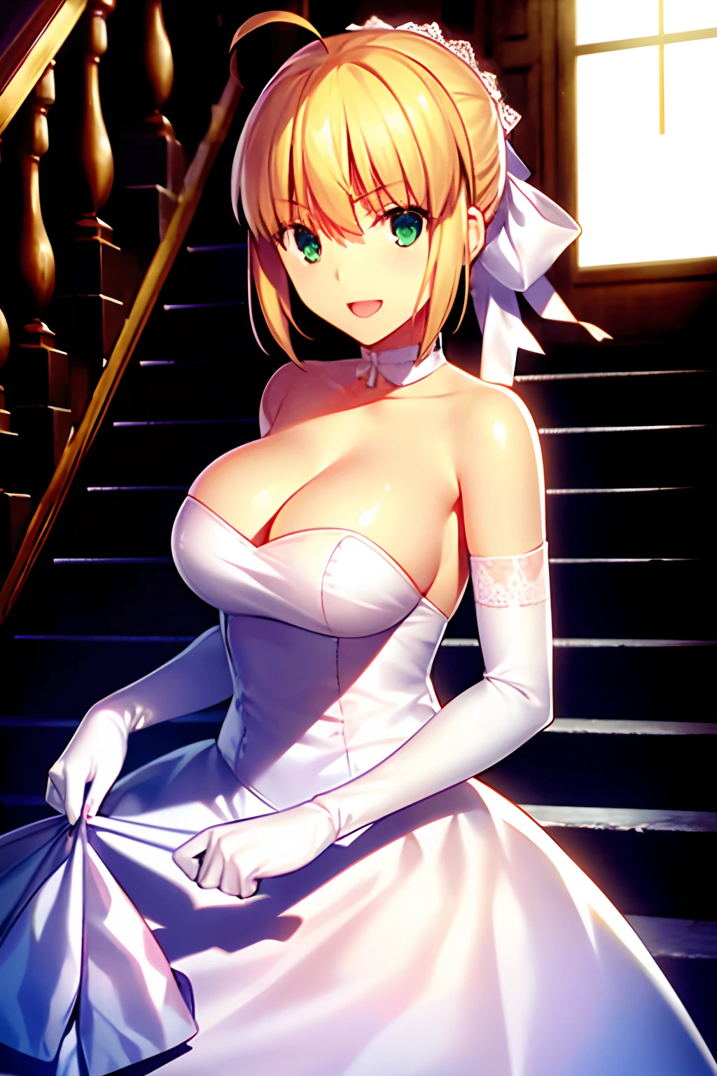 takashi takeuchi,Artorian Pendragon \(Fate\), Saber,1girl in, :D, Ahoge, Blonde hair, Naughty big、large full breasts、 Choker, cleavage, 鎖骨, Dress, elbow groves, gloves, Green eyes, hair between eye, Hair Ribbon, Indoors, Looking at Viewer, Open mouth, bow ribbon, ribbon choker, Short hair, Smile, duo, stairs, Strapless, straplessdress, wedding dress, White Dress, White Gloves, White ribbon, , ((masutepiece))