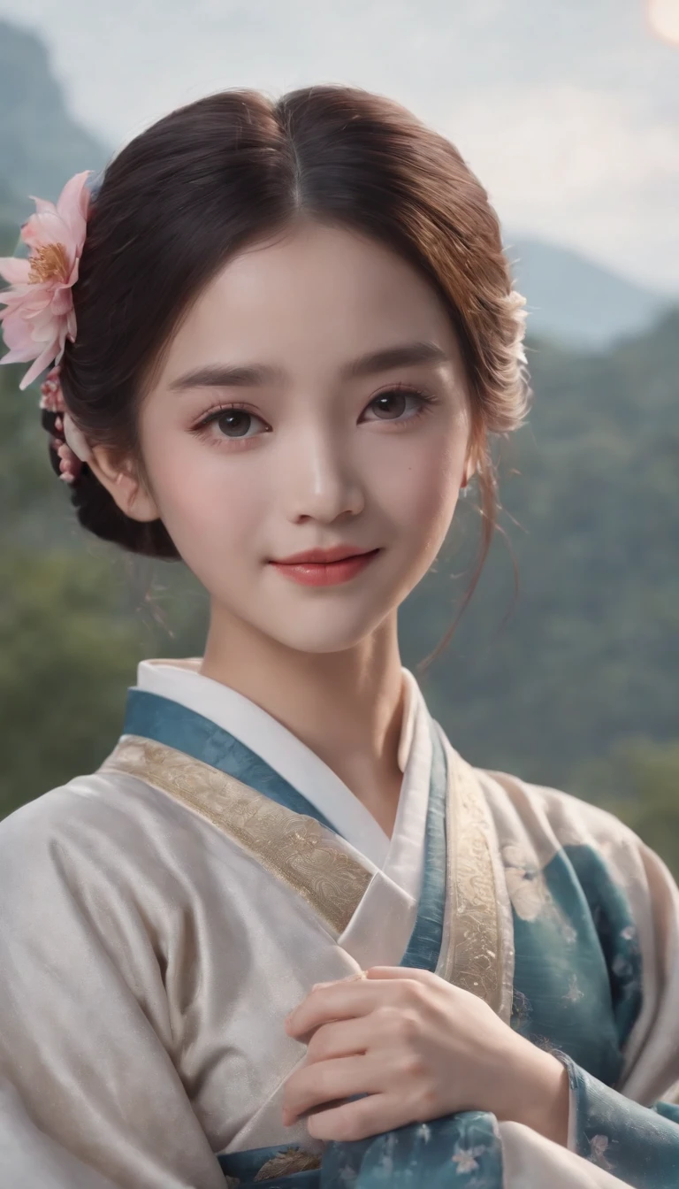 1girll, Moon, hair adornments, full moon, Cloud, sky,Night, Chinese clothes, Solo, Smile, Wide sleeves, Night sky, Long sleeves, flower, hug, hair flower, petals, child, Blush, parted lip, Black hair, Rabbit, Cloudy sky, forehead mark, Black eyes, face markings, updo, Artist name, Animal hugs, Hanfu, hair-bun, Girl child, Holding, Outdoors, Short hair, sleeves past wrists