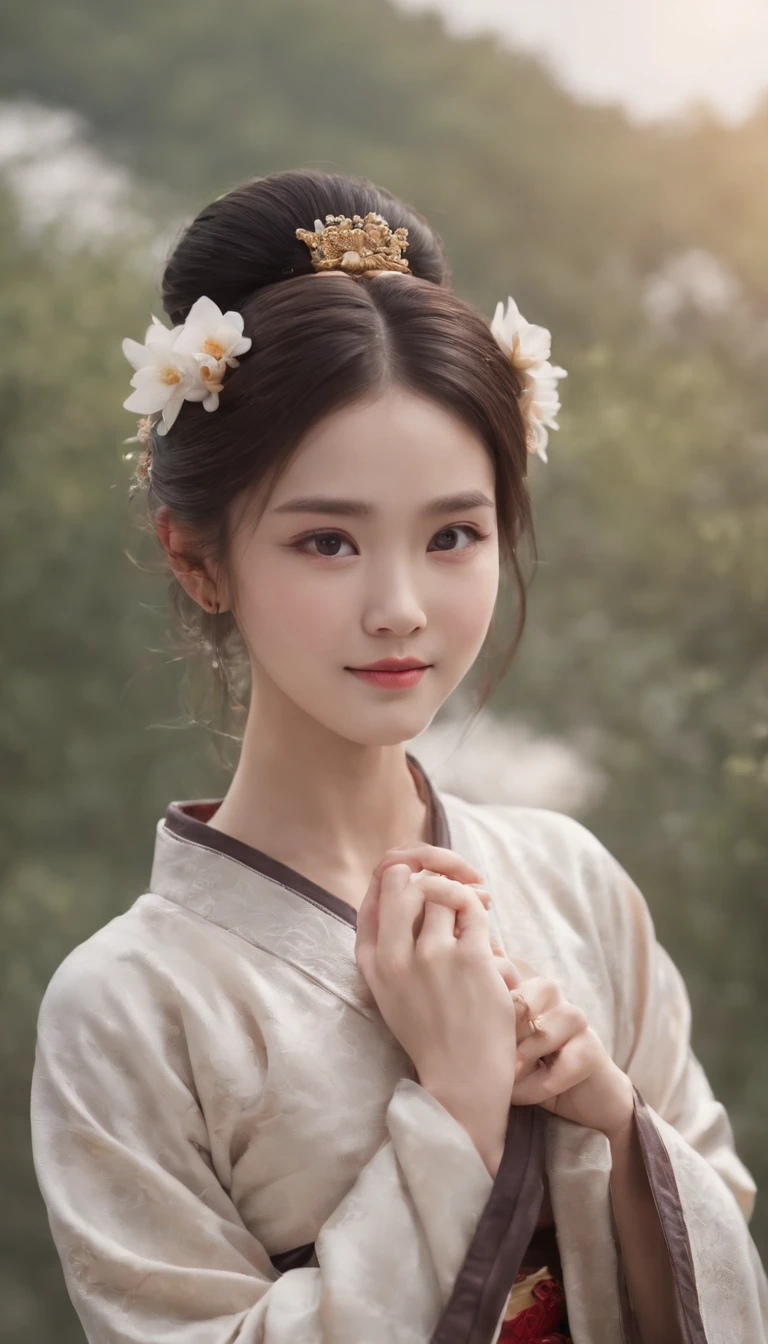 Great quality, masterpiece, High Resolutiupon, One girl, blush, (Cute Smile: 0.8), Star Eyes, chinese hanfu, hair accessory, jewelry, beauty, upon_body, Tyndall effect, Realistic, Peach Blossom Forest, Light Edge, Two-tupone Lighting, (Skin with attention to detail: 1.2), 8k ウルトラHD, Digital SLR, Soft Light, high quality, Volumetric Lighting, Voyeur, photograph, High Resolutiupon, 4K, 8k, Background Blur