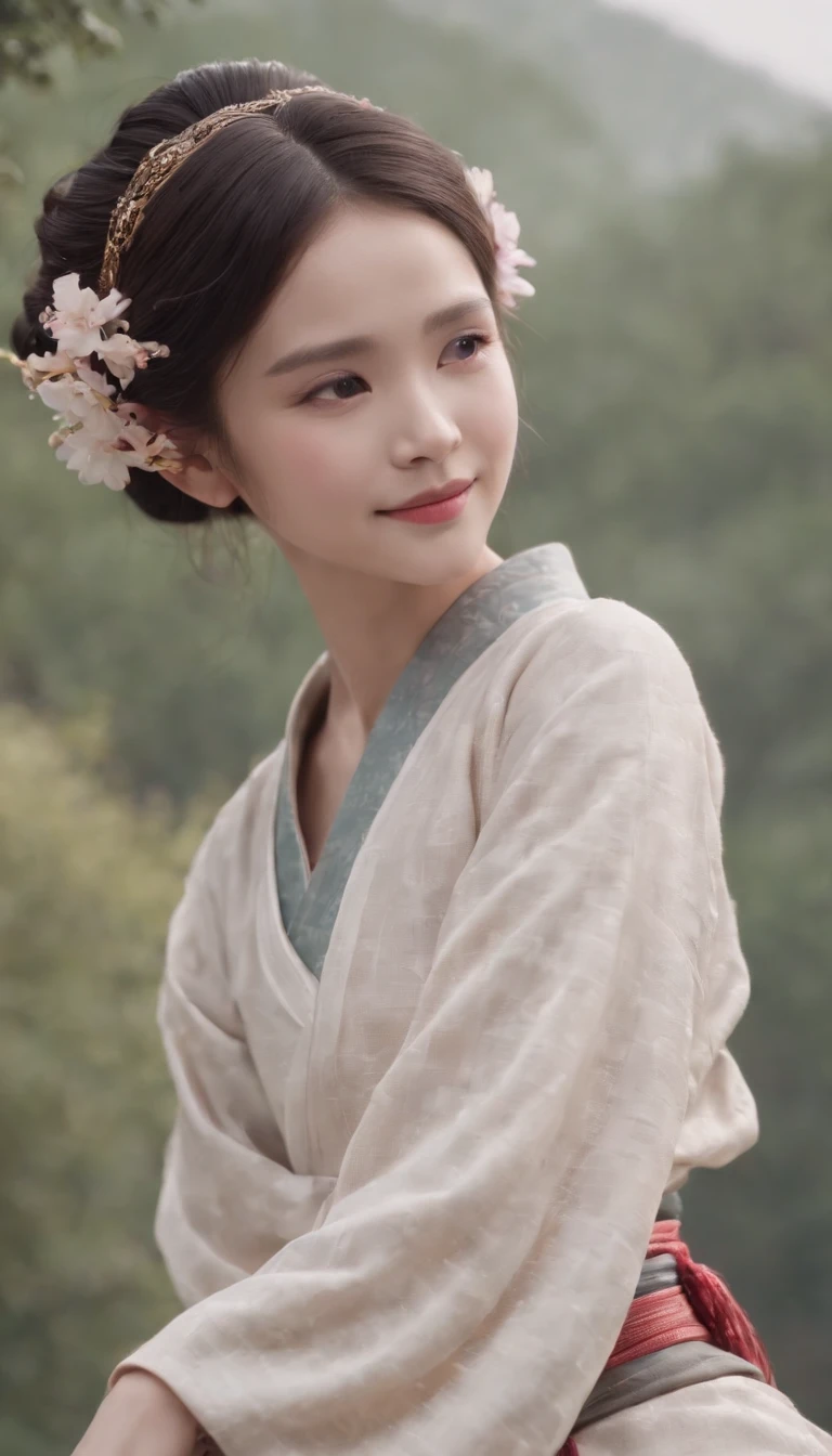 1girll, Moon, hair adornments, full moon, Cloud, sky,Night, Chinese clothes, Solo, Smile, Wide sleeves, Night sky, Long sleeves, flower, hug, hair flower, petals, child, Blush, parted lip, Black hair, Rabbit, Cloudy sky, forehead mark, Black eyes, face markings, updo, Artist name, Animal hugs, Hanfu, hair-bun, Girl child, Holding, Outdoors, Short hair, sleeves past wrists