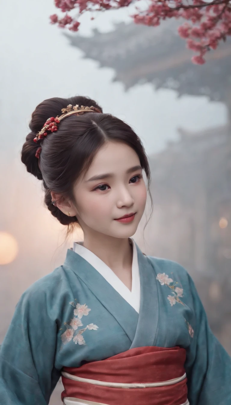1girll, Moon, hair adornments, full moon, Cloud, sky,Night, Chinese clothes, Solo, Smile, Wide sleeves, Night sky, Long sleeves, flower, hug, hair flower, petals, child, Blush, parted lip, Black hair, Rabbit, Cloudy sky, forehead mark, Black eyes, face markings, updo, Artist name, Animal hugs, Hanfu, hair-bun, , Holding, Outdoors, Short hair, sleeves past wrists