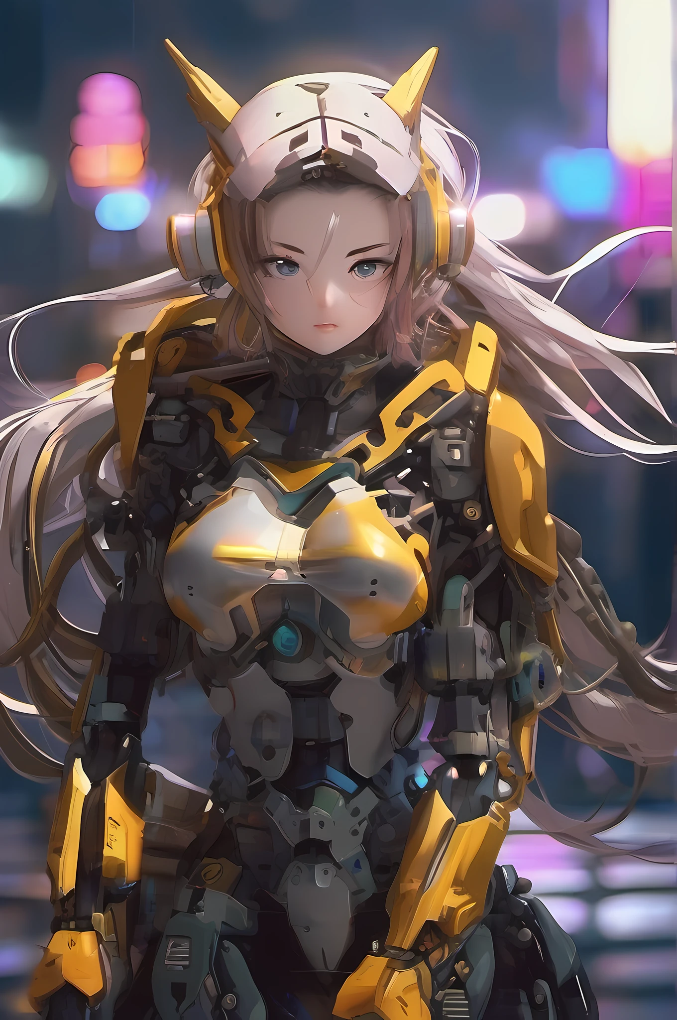(18-year-old girl:1.5), slightly tanned skin, (dark brown eyes:1.5), (gray hair:1.5), long hair, modern, (Cyborg, high-tech armor, skin_stretched_over_metal, half_machine_half_human, body horror:1.1, combat vest, glowing brown eyes:1.1, determined expression, high-tech city:1.3), gorgeous, delicate, elegant, very anime, delicate, hyper realistic, high detailed, white lighting, 16k, medium shot, sharp focus, masterpiece, complex background, digital illustration by artgerm, greg rutkowski, alphonse mucha, absurdres, hyper photo-realistic, anime,