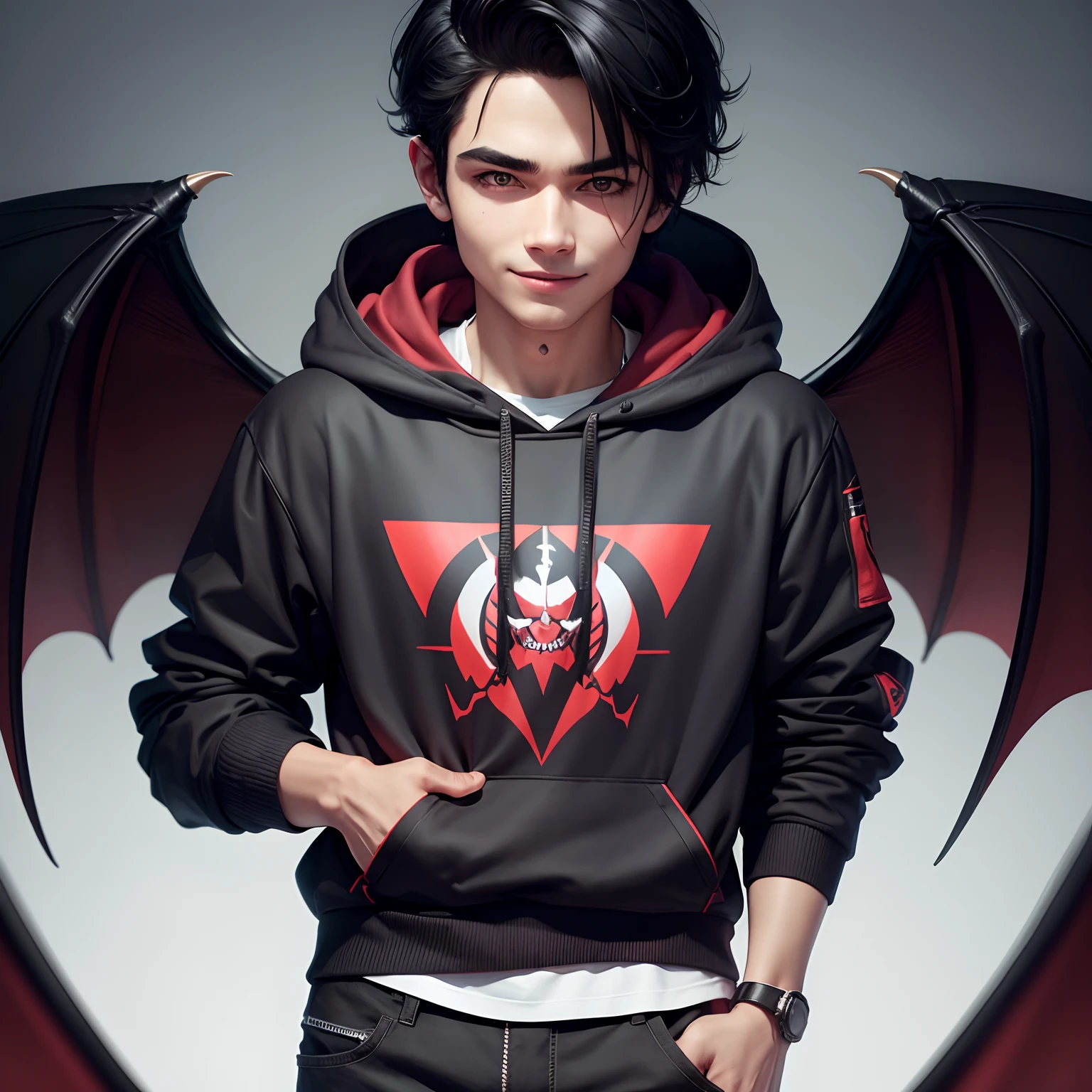 Smart boy, wearing hoody jacket, devil wings, devil smile, black hair, ultra realistic, 8k,