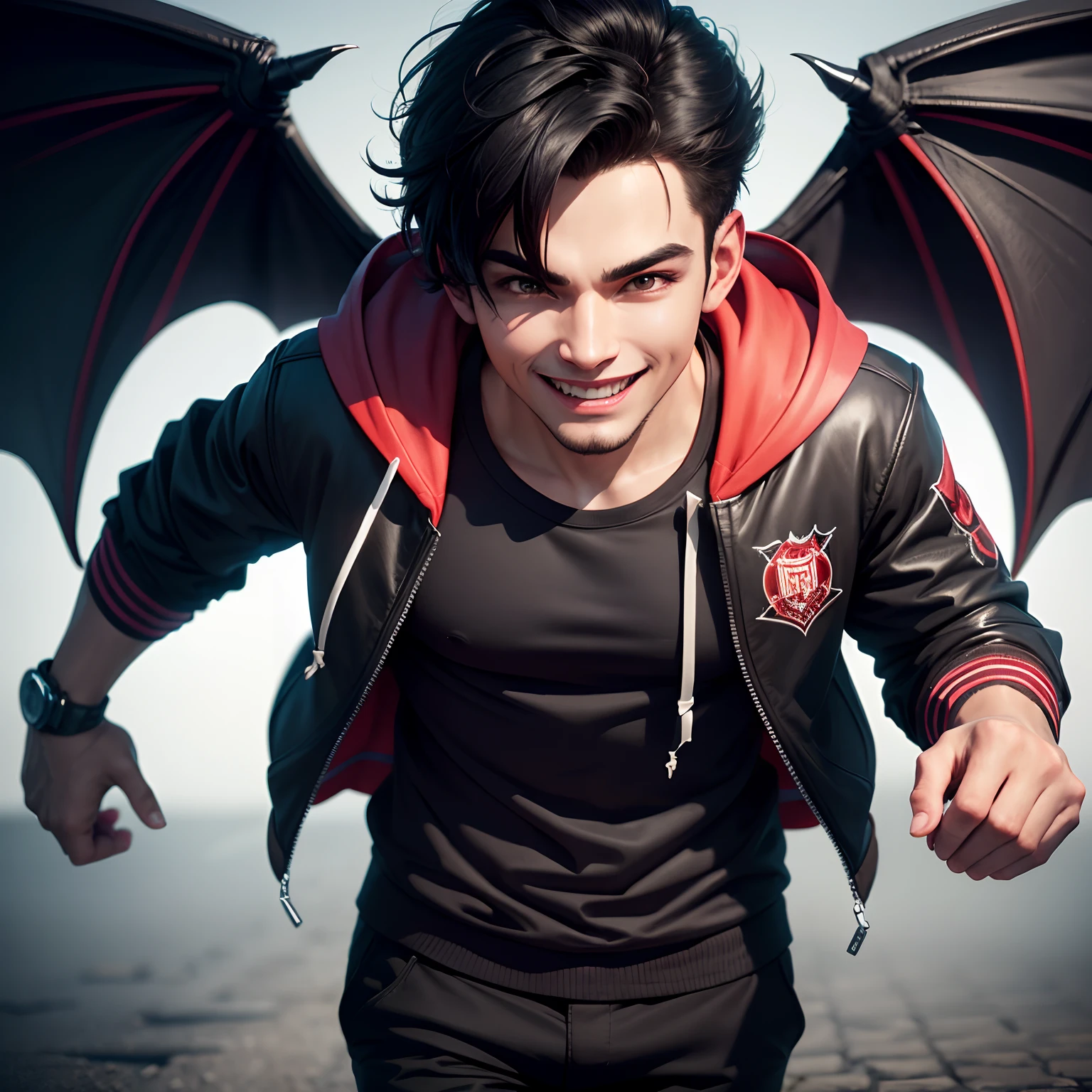 Smart boy, wearing hoody jacket, devil wings, devil smile, black hair, ultra realistic, 8k,