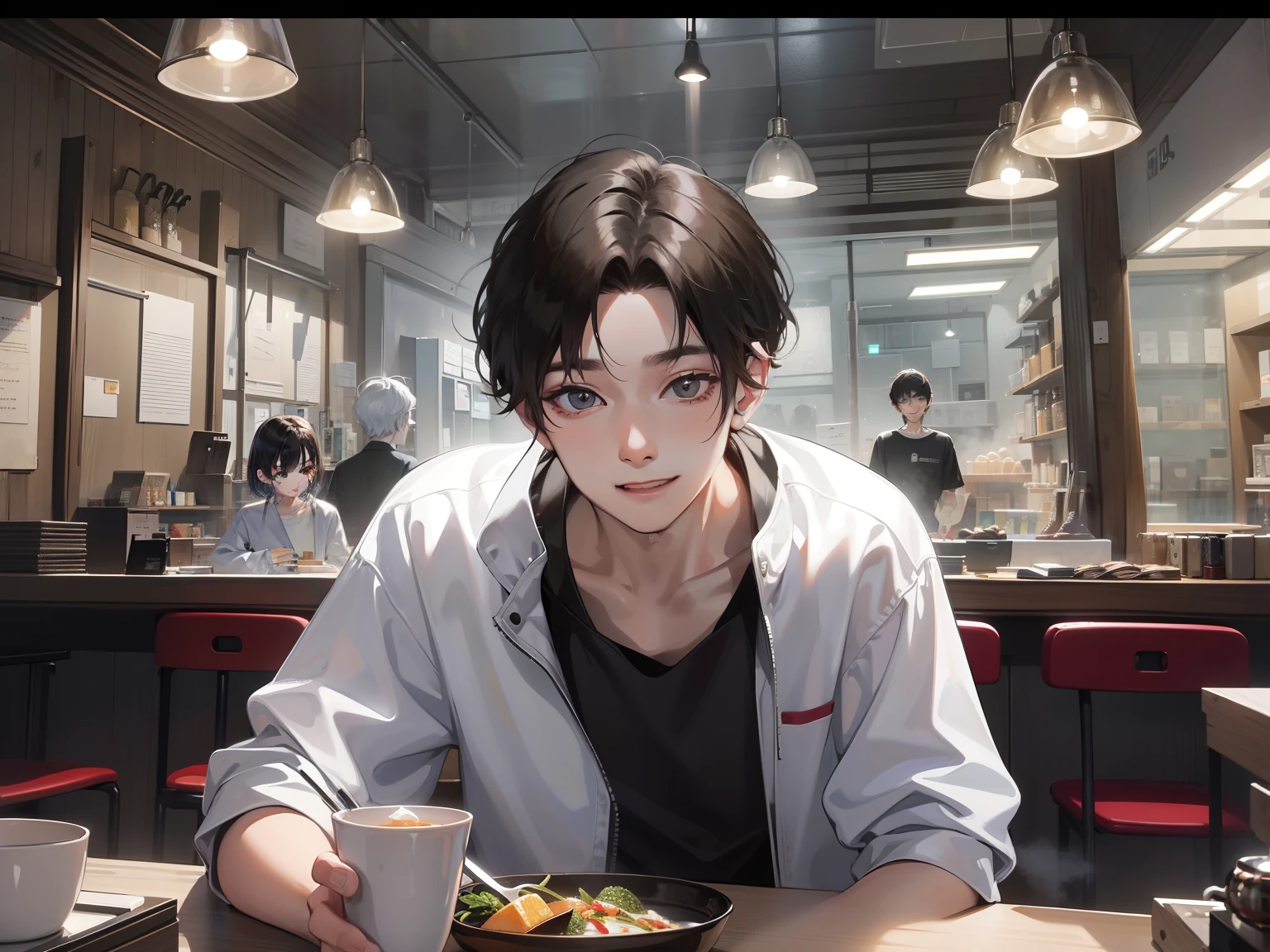 20 year old boy wearing white casual clothes,With short black hair,smil,Inside the shop,Grandmaster,tmasterpiece,8k wallpaper,nffsw,Ultra-high image quality,light and shadow effect