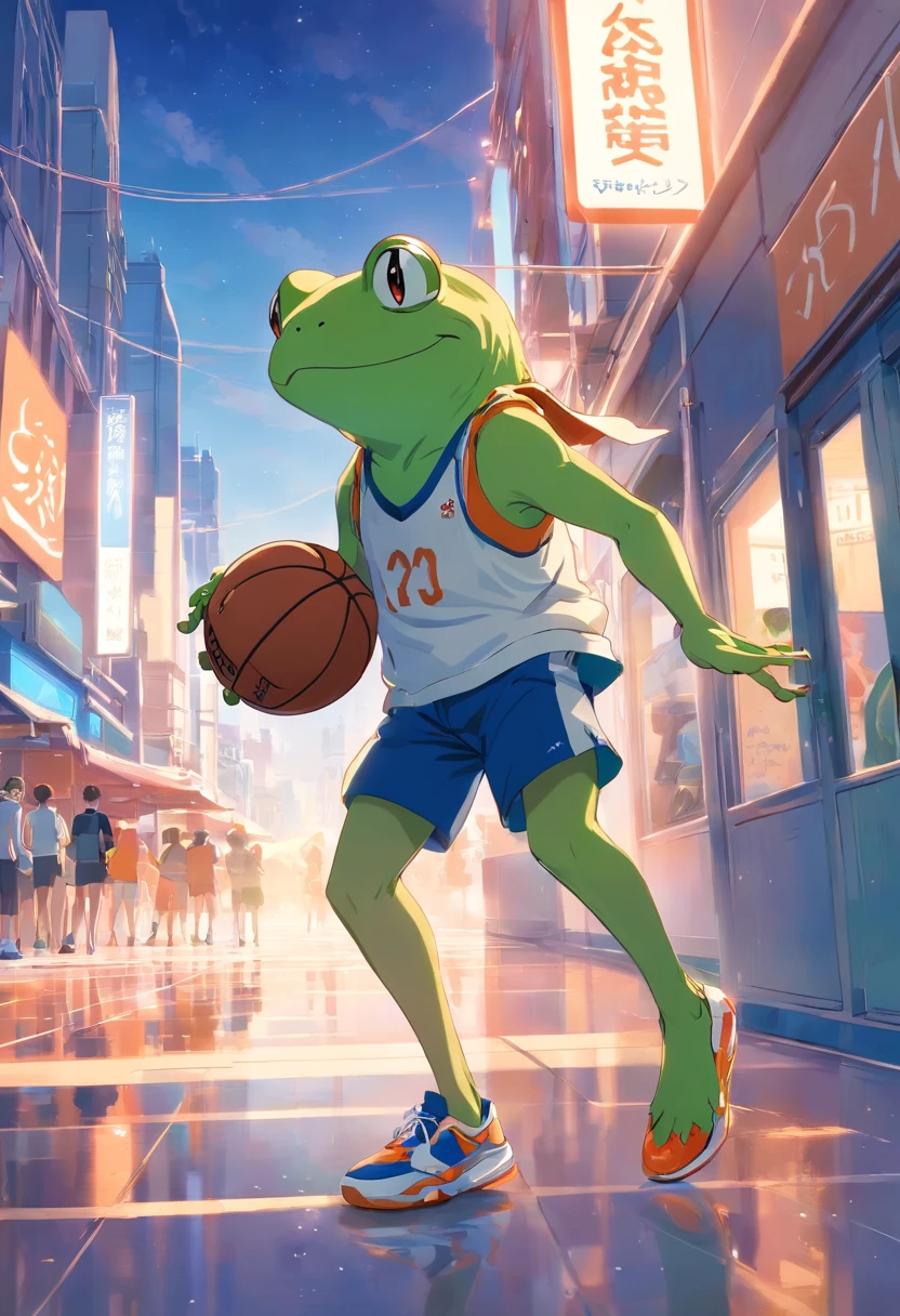 ((foto crua)), ((obra-prima)), Anthropomorphic humanoid frog wearing basketball clothes, basketball tennis, caminhando furiosamente entre as pessoas, detalhe intrincado, intricate Greebles pieces, city behind, corpo musculoso, muscular arms, small head, Ogro monstruoso, Titan, sneaker, soft-lighting, 32k, Hiper realista, The background details are exquisite,The scene is surreal,Create a charming graphic style