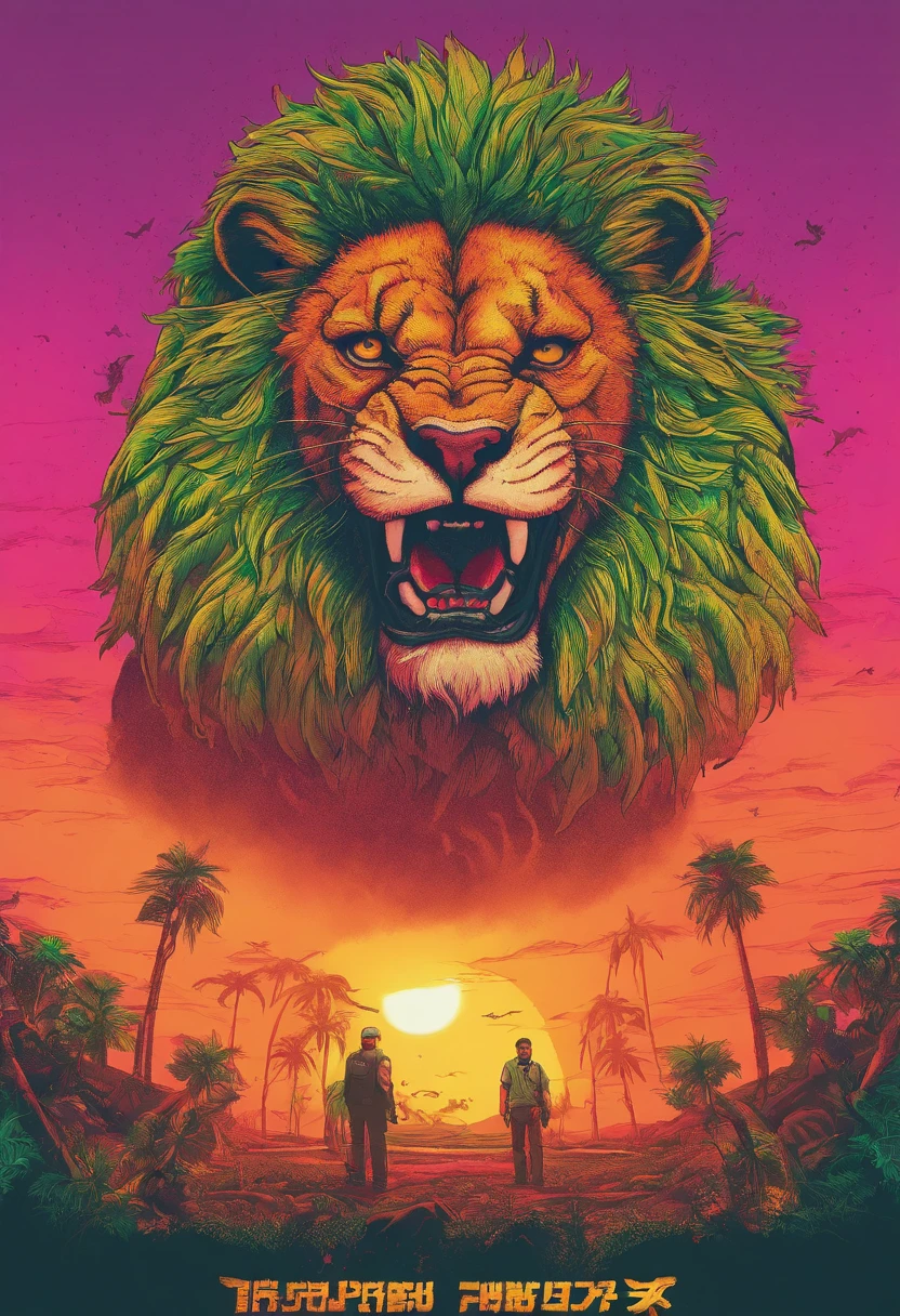 cinematic photo Embroidery of a presumption, evil lion, equiretangular 360, rei da floresta , arte por Michael Hutter . fotografia 35mm, Film, Bokeh, profissional, 4k, altamente detalhado