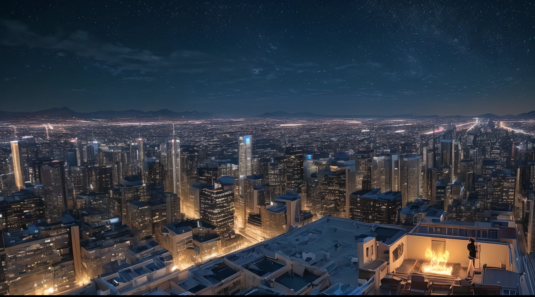 ((midynight、top-quality、8K、tmasterpiece:1.3)), ((night cityscape、on the rooftop:1.3)),