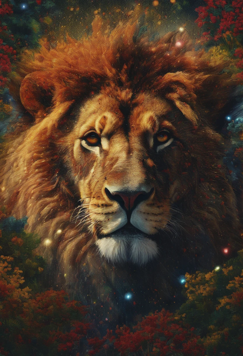 cinematic photo Embroidery of a presumption, evil lion, equiretangular 360, rei da floresta , arte por Michael Hutter . fotografia 35mm, Film, Bokeh, profissional, 4k, altamente detalhado