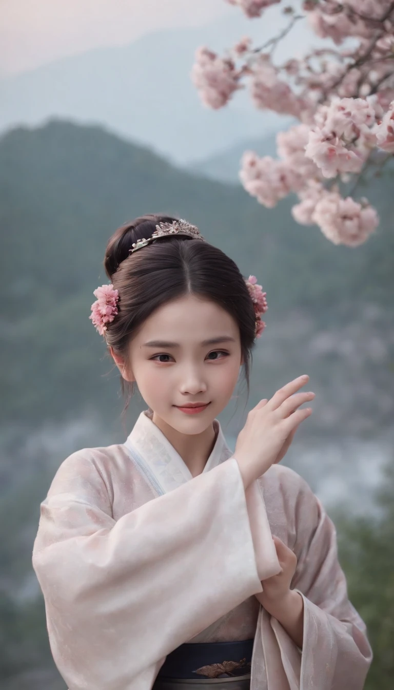 1girll, Moon, hair adornments, full moon, Cloud, sky,Night, Chinese clothes, Solo, Smile, Wide sleeves, Night sky, Long sleeves, flower, hug, hair flower, petals, child, Blush, parted lip, Black hair, Rabbit, Cloudy sky, forehead mark, Black eyes, face markings, updo, Artist name, Animal hugs, Hanfu, hair-bun, Girl child, Holding, Outdoors, Short hair, sleeves past wrists