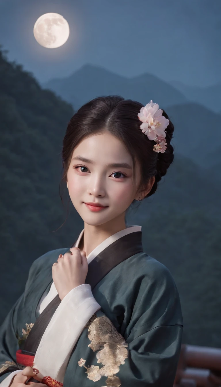 1girll, Moon, hair adornments, full moon, Cloud, sky,Night, Chinese clothes, Solo, Smile, Wide sleeves, Night sky, Long sleeves, flower, hug, hair flower, petals, child, Blush, parted lip, Black hair, Rabbit, Cloudy sky, forehead mark, Black eyes, face markings, updo, Artist name, Animal hugs, Hanfu, hair-bun, Girl child, Holding, Outdoors, Short hair, sleeves past wrists