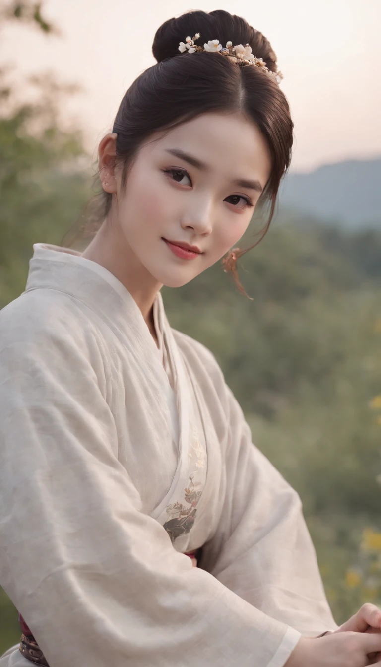 1girll, Moon, hair adornments, full moon, Cloud, sky,Night, Chinese clothes, Solo, Smile, Wide sleeves, Night sky, Long sleeves, flower, hug, hair flower, petals, child, Blush, parted lip, Black hair, Rabbit, Cloudy sky, forehead mark, Black eyes, face markings, updo, Artist name, Animal hugs, Hanfu, hair-bun, Girl child, Holding, Outdoors, Short hair, sleeves past wrists
