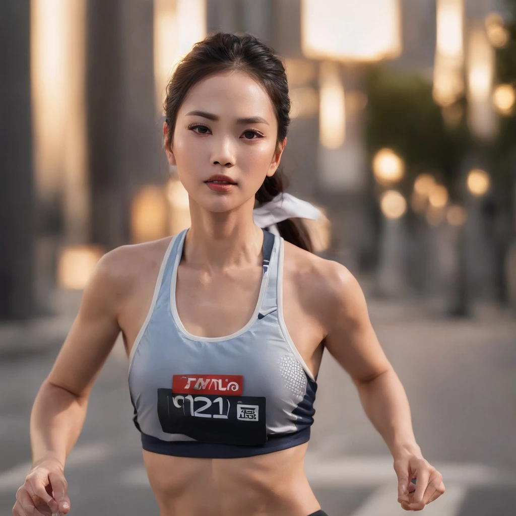 Asian Triathlon woman running on street, Physically,dingdall effect,realisticlying,dark studio,edge lit,twotonelighting,(highdetailskin:1.2),8k uhd, dslr, softlighting, high high quality, volumettic light, sneak shot, photore, A high resolution, 4k, 8k, Background bokeh,
