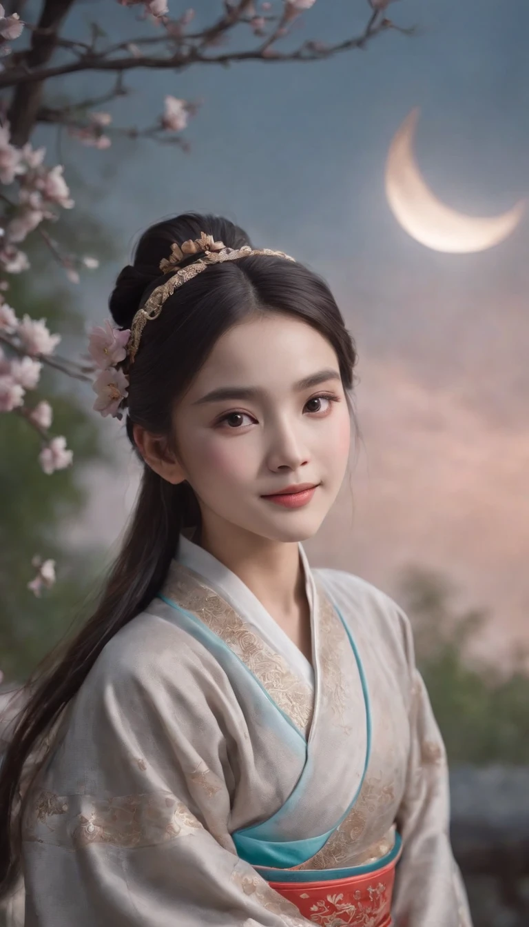 1girll, Moon, hair adornments, full moon, Cloud, sky,Night, Chinese clothes, Solo, Smile, Wide sleeves, Night sky, Long sleeves, flower, hug, hair flower, petals, child, Blush, parted lip, Black hair, Rabbit, Cloudy sky, forehead mark, Black eyes, face markings, updo, Artist name, Animal hugs, Hanfu, hair-bun, , Holding, Outdoors, Short hair, sleeves past wrists