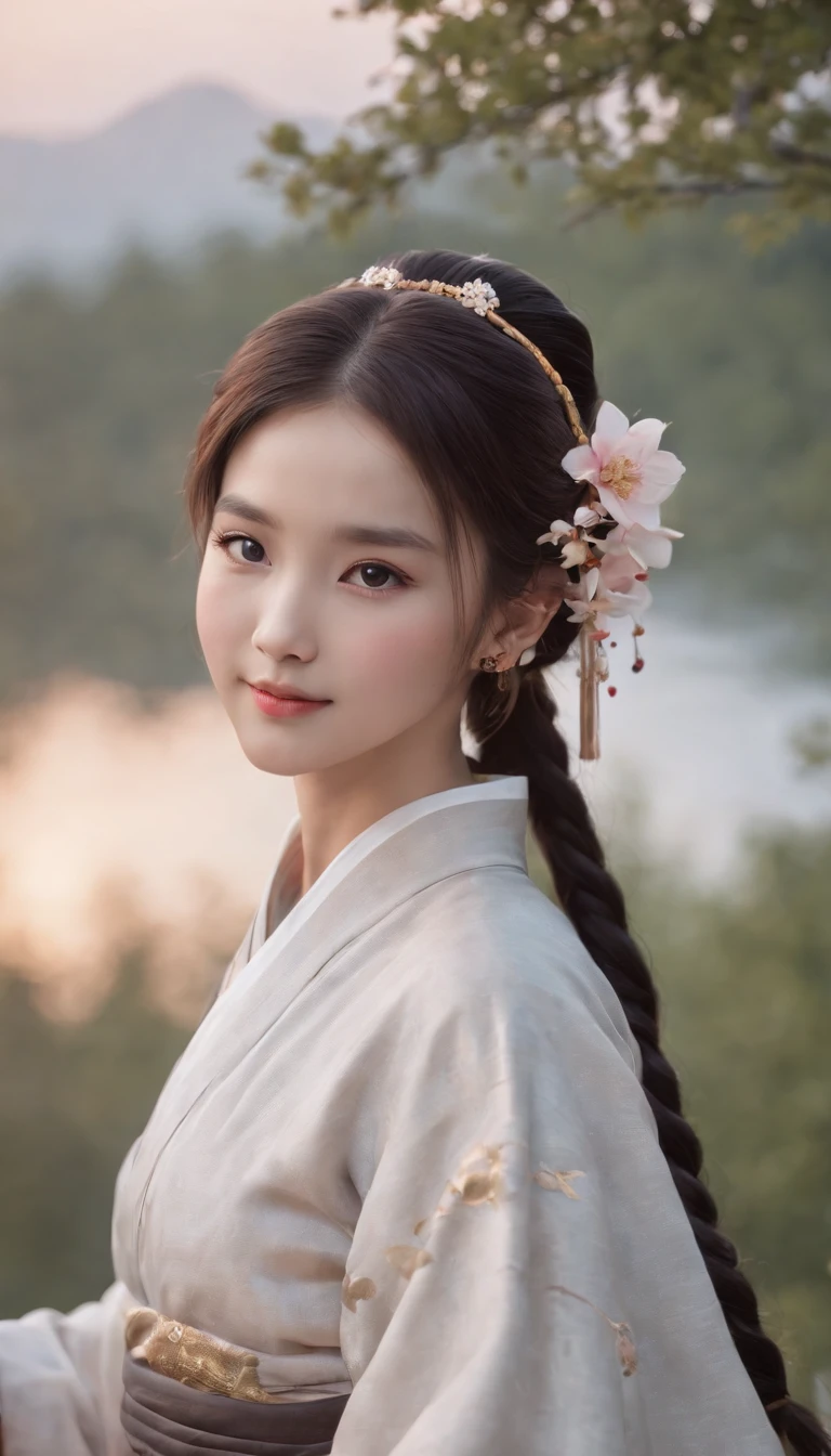 1girll, Moon, hair adornments, full moon, Cloud, sky,Night, Chinese clothes, Solo, Smile, Wide sleeves, Night sky, Long sleeves, flower, hug, hair flower, petals, child, Blush, parted lip, Black hair, Rabbit, Cloudy sky, forehead mark, Black eyes, face markings, updo, Artist name, Animal hugs, Hanfu, hair-bun, Girl child, Holding, Outdoors, Short hair, sleeves past wrists