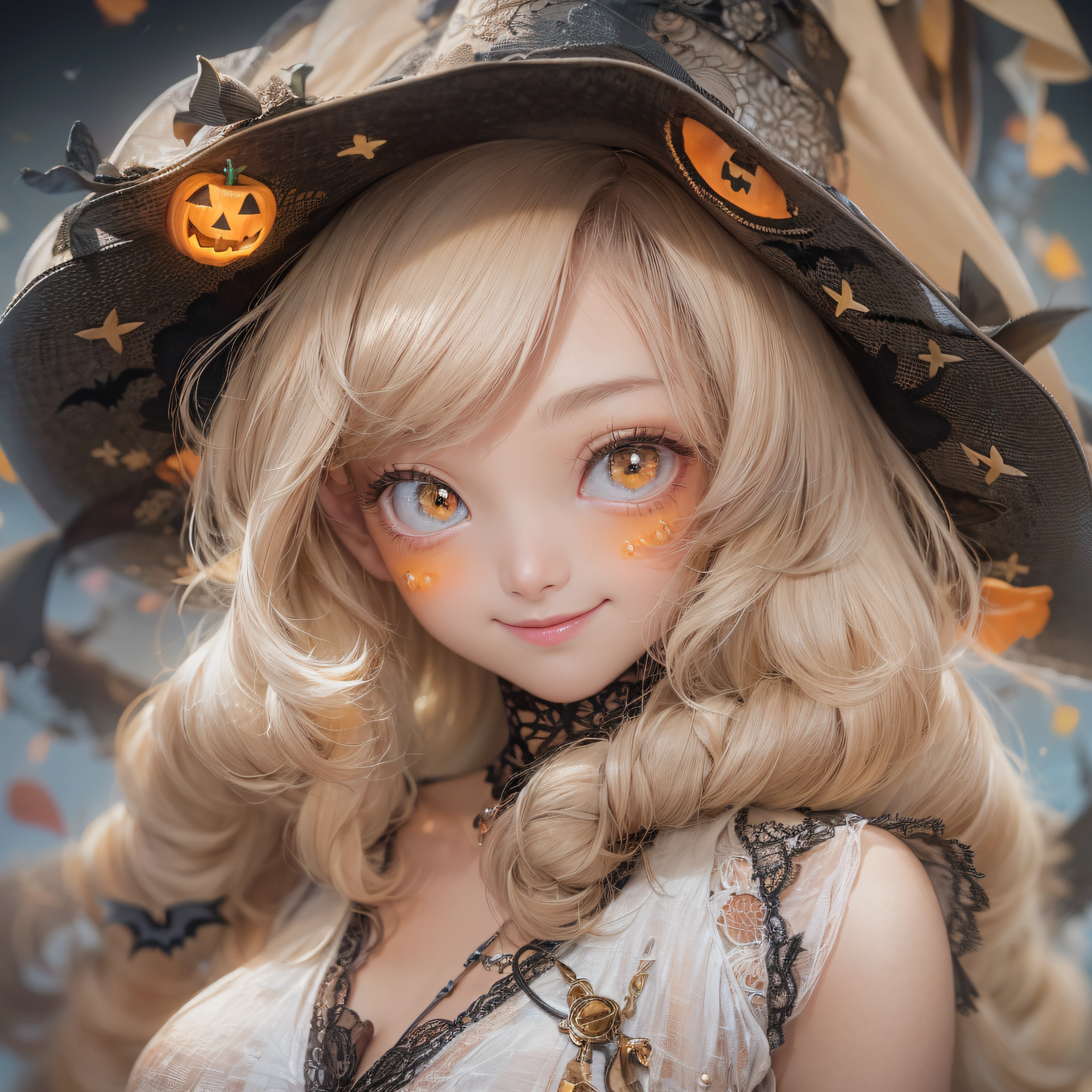Halloween Hat、close-up of the smile face、close-up of the smile face、Halloween Designer、Halloween Supermodel、makeup、Glossy lips、Shining eyes、(realisitic、hight resolution)、(1 girl in)、Do-Up Eye、Korean Girl、(Best Quality), (masutepiece), (1girl in), Solo, a beauty girl, Perfect face, Highly detailed airbrush art((Surreal))、Volumetric lighting、(top-quality)、The ultra-detailliert、Highly detailed colorful details、(Bright lighting)、dynamic compositions、ultra-detailliert、nffsw、Her eyes are glowing pink、Background Halloween、pumpkins、