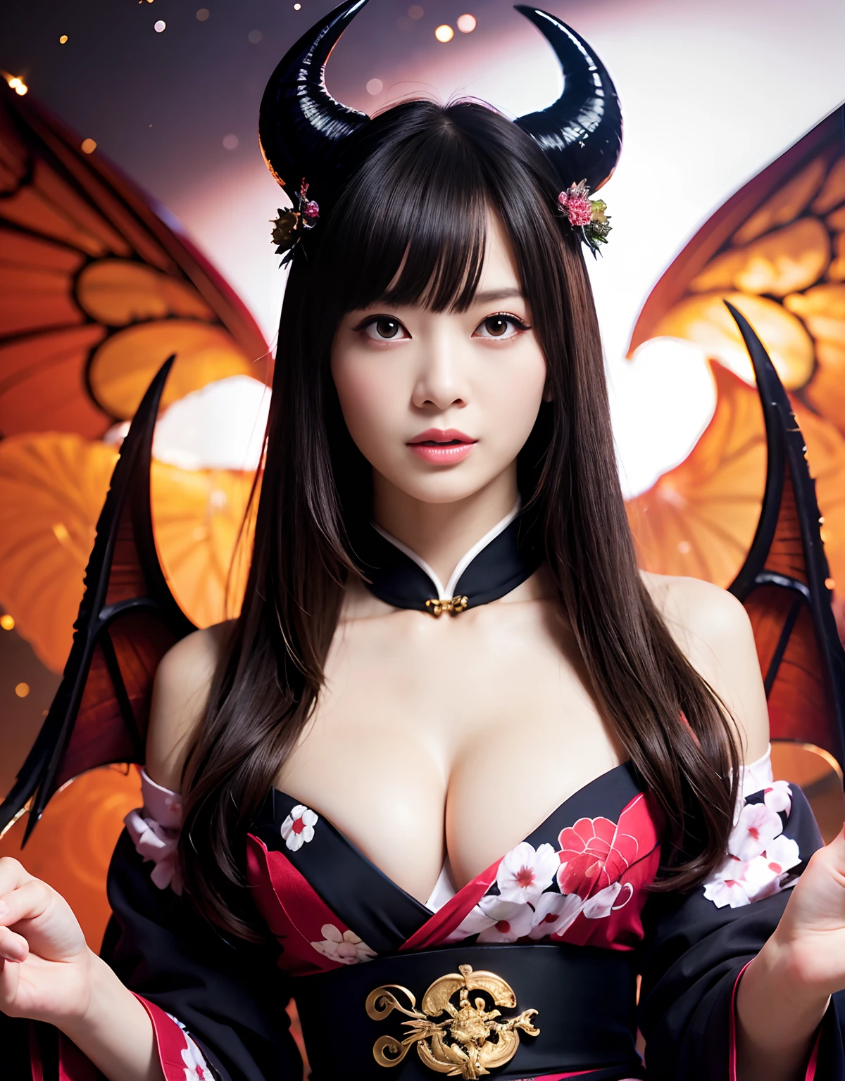 ((White ghost flies)),Professional , masterpiece、top-quality、photos realistic , depth of fields 、(Various poses)、(Background of cherry blossoms in full bloom),(Ultimate Beauty)、(A dark-haired)、(Fight ninjas)、(Kimono with scary pattern)、(Night background)、((Devil's Wings Grow)),(Wear a kimono with a horror pattern),(Wearing a beautiful kimono with colorful scary patterns)、Jewel Gold Weapon、Particles of light),(Has a devil's mask)、Gorgeous gold weapons ,Skeleton population、(( Gorgeous Dragon Sword)) , (a dark night),,(White ghost flies) 、((Black Haired Beautiful Girl))、(Castle background)、(demonic wings)、((Gangle's forest background))、Beautiful Caucasian beauty、1a person、dynamic ungle,(((Two devil's horns on the head)))、Smaller head、Idle Smile、Thin and beautiful female hands、Mystical expression、Light Effects、intense fighting、Wind-effect、magic circles、With the legendary magic wand、Dragon's tail、