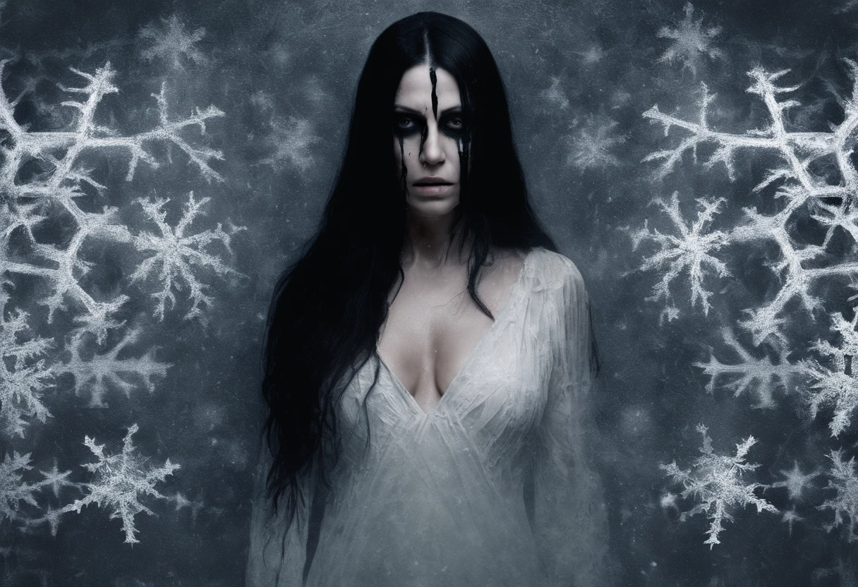 A woman with a hot figure, Long black hair covers the face, Full breasts, Wear a white transparent tunic, darkened room, From a TV set with twinkling snowflakes, Climb out slowly, Reach out and grab the lens