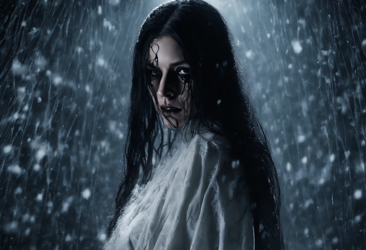 A woman with a hot figure, Long black hair covers the face, Full breasts, Wear a white transparent tunic, darkened room, From a TV set with twinkling snowflakes, Climb out slowly, Reach out and grab the lens