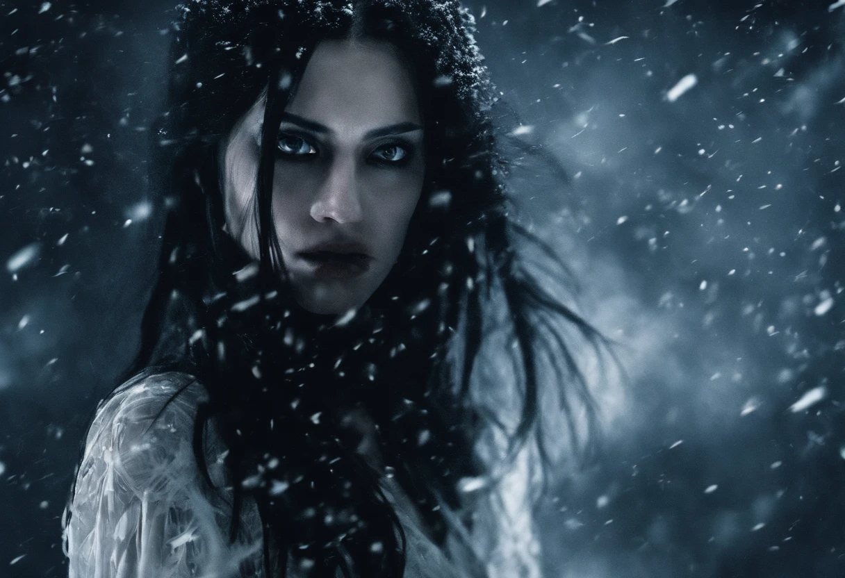 A woman with a hot figure, Long black hair covers the face, Full breasts, Wear a white transparent tunic, darkened room, From a TV set with twinkling snowflakes, Climb out slowly, Reach out and grab the lens