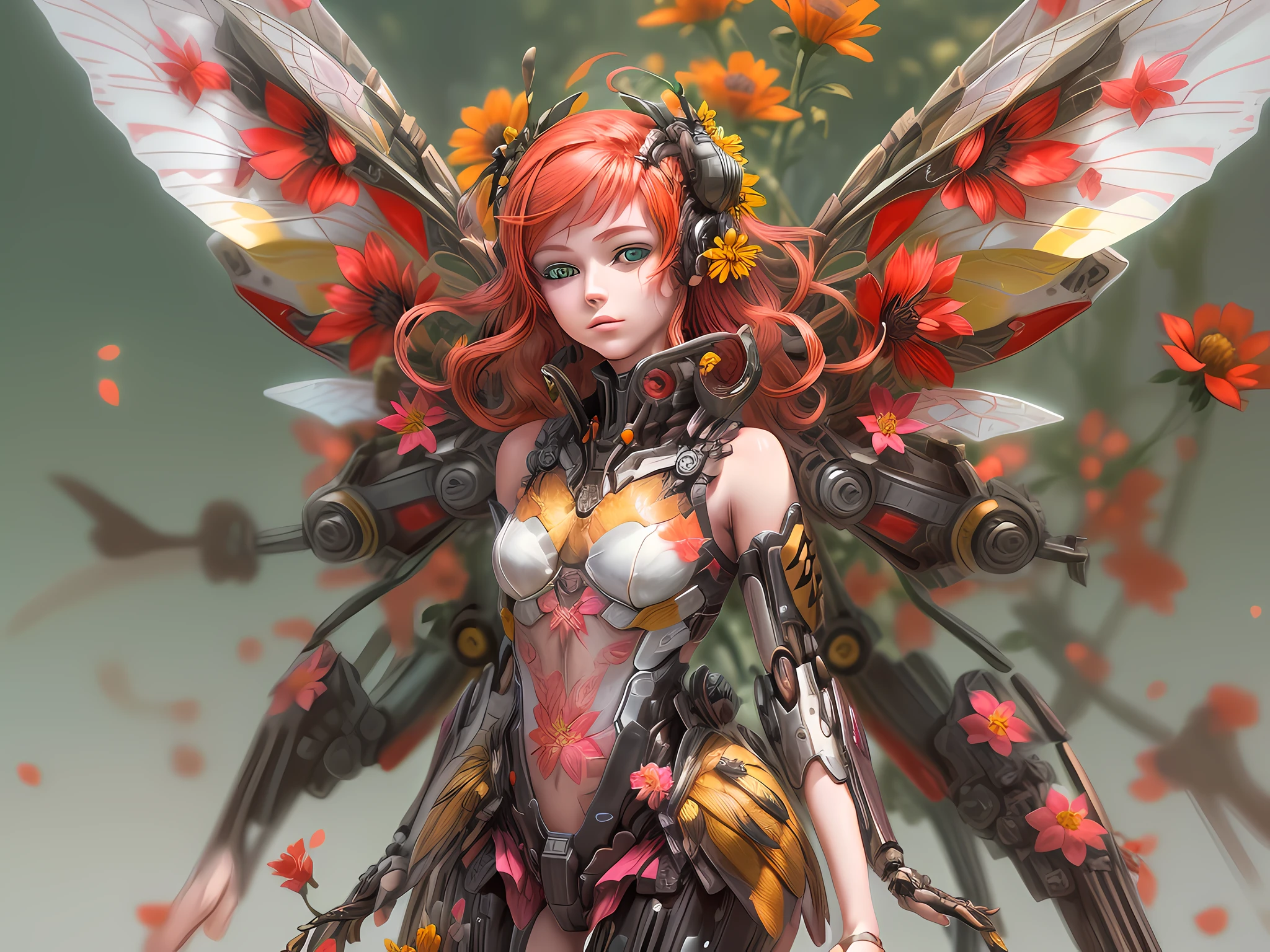 a picture of a woman mecha fairy (riding a bee: 1.2)  near a red flower full body, an exquisite beautiful (ultra detailed, Masterpiece, best quality: 1.3) female mecha fairy, dynamic angle (best detailed, Masterpiece, best quality), best detailed face (best detailed, Masterpiece, best quality), ultra feminine (best detailed, Masterpiece, best quality), red hair, long hair, braided hair, dynamic eyes color, fairy_wings spread bright colors (mechanical fairyl wings: 1.2), (wearing mecha clothes: 1.4),  riding  a bee near a (red flower: 1.3) , day light, sun rising,  high details, fantasy art, RPG art best quality, 16k, [ultra detailed], masterpiece, best quality, (ultra detailed), full body, ultra wide shot, photorealistic, mecha musume