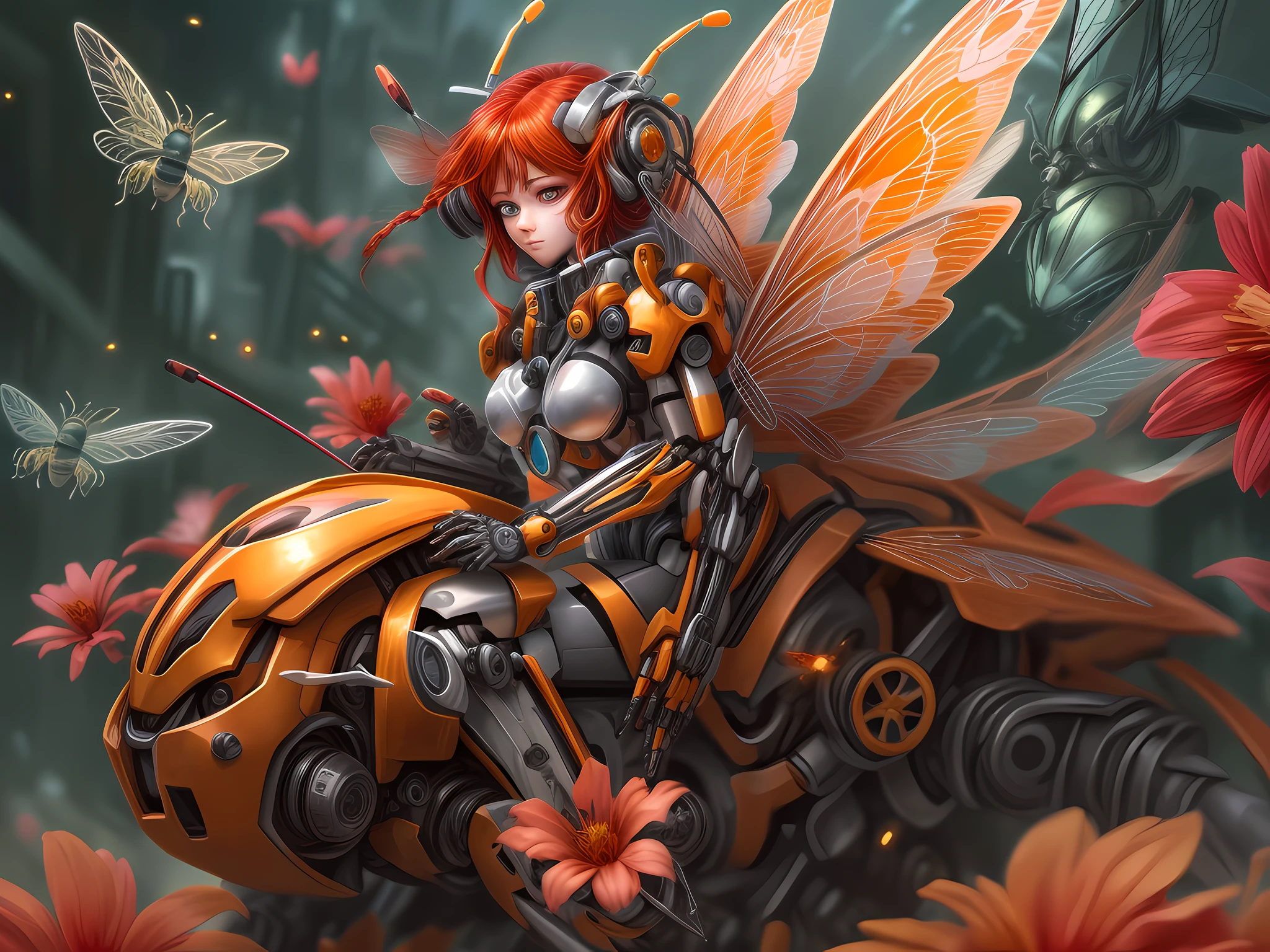 a picture of a woman mecha fairy (riding a bee: 1.2)  near a red flower full body, an exquisite beautiful (ultra detailed, Masterpiece, best quality: 1.3) female mecha fairy, dynamic angle (best detailed, Masterpiece, best quality), best detailed face (best detailed, Masterpiece, best quality), ultra feminine (best detailed, Masterpiece, best quality), red hair, long hair, braided hair, dynamic eyes color, fairy_wings spread bright colors (mechanical fairyl wings: 1.2), (wearing mecha clothes: 1.4),  riding  a bee near a (red flower: 1.3) , day light, sun rising,  high details, fantasy art, RPG art best quality, 16k, [ultra detailed], masterpiece, best quality, (ultra detailed), full body, ultra wide shot, photorealistic, mecha musume