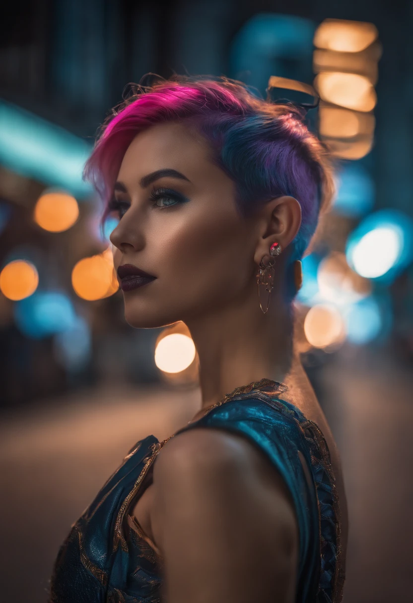 Masterpiece, Best quality, Fille cyberpunk confiante, Prise de vue du corps entier, ((debout devant la moto)), Pop outfit inspired by Harajuku, Couleurs et motifs audacieux, Accessoires accrocheurs, Coiffure tendance et innovante, maquillage vibrant, Dazzling Cyberpunk Cityscape, Gratte-ciel, neon signs, LED lights, Palette de couleurs vives et vives, Anime, illustration, detailed skin texture, detailed cloth texture, beautifull detailed face, Intricate details, Ultra detailded.