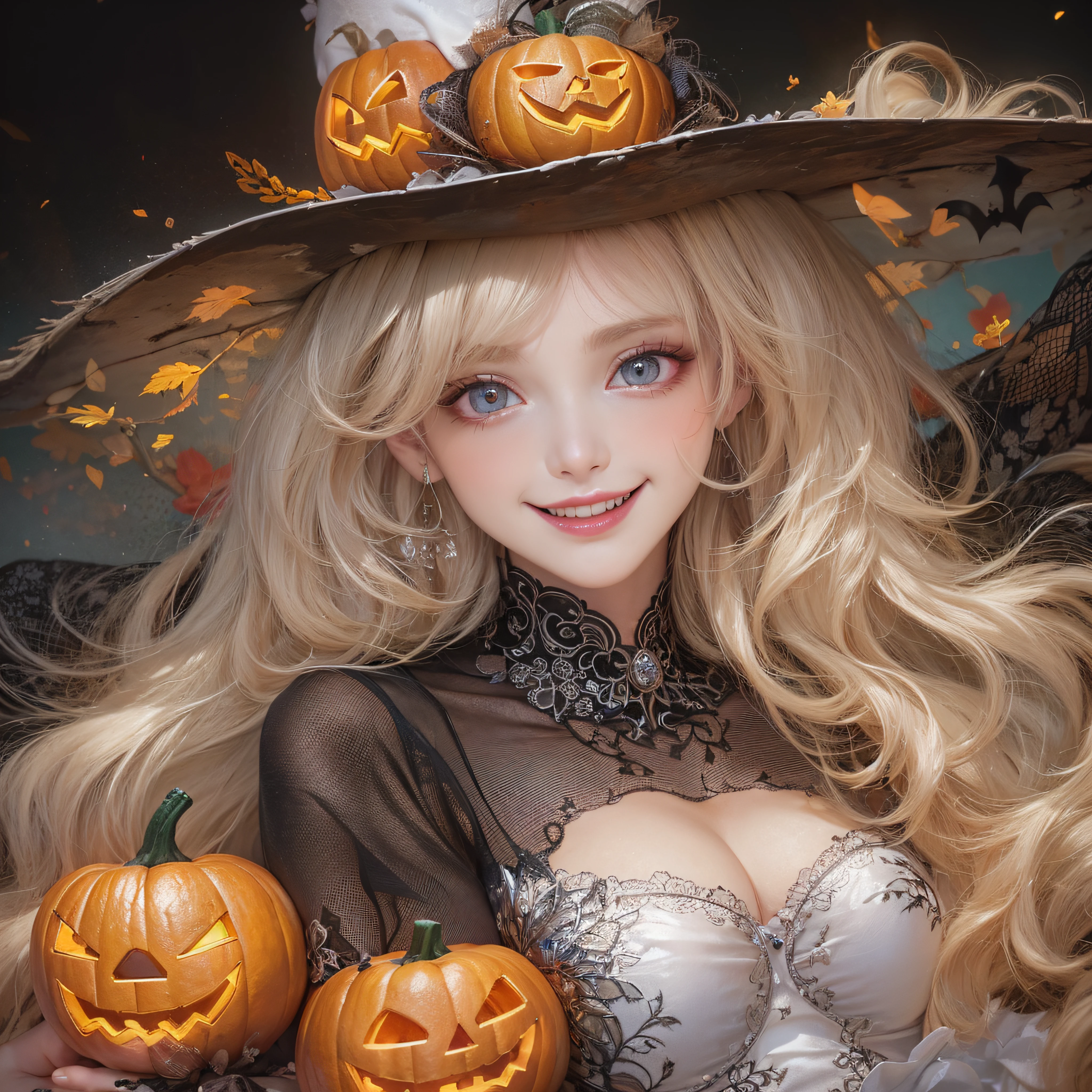 Halloween Hat、close-up of the smile face、close-up of the smile face、Halloween Designer、Halloween Supermodel、makeup、Glossy lips、Shining eyes、(realisitic、hight resolution)、(1 girl in)、Do-Up Eye、Korean Girl、(Best Quality), (masutepiece), (1girl in), Solo, a beauty girl, Perfect face, Highly detailed airbrush art((Surreal))、Volumetric lighting、(top-quality)、The ultra-detailliert、Highly detailed colorful details、(Bright lighting)、dynamic compositions、ultra-detailliert、nffsw、Her eyes are glowing pink、Background Halloween、pumpkins、