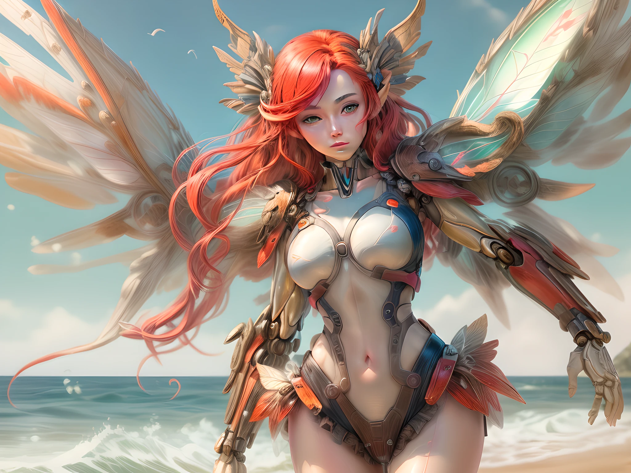 a picture of a woman mecha fairy having a tan at the sea, r full body, an exquisite beautiful (ultra detailed, Masterpiece, best quality: 1.3) female mecha fairy, dynamic angle (best detailed, Masterpiece, best quality), best detailed face (best detailed, Masterpiece, best quality), ultra feminine (best detailed, Masterpiece, best quality), red hair, long hair, braided hair, dynamic eyes color, fairy_wings spread bright colors (mechanical fairyl wings: 1.2), (wearing bathing suit: 1.4),  standing at the sea, wavy sea, sands, day light, sun rising, fun atmosphere, high details, fantasy art, RPG art best quality, 16k, [ultra detailed], masterpiece, best quality, (ultra detailed), full body, ultra wide shot, photorealistic, mecha musume