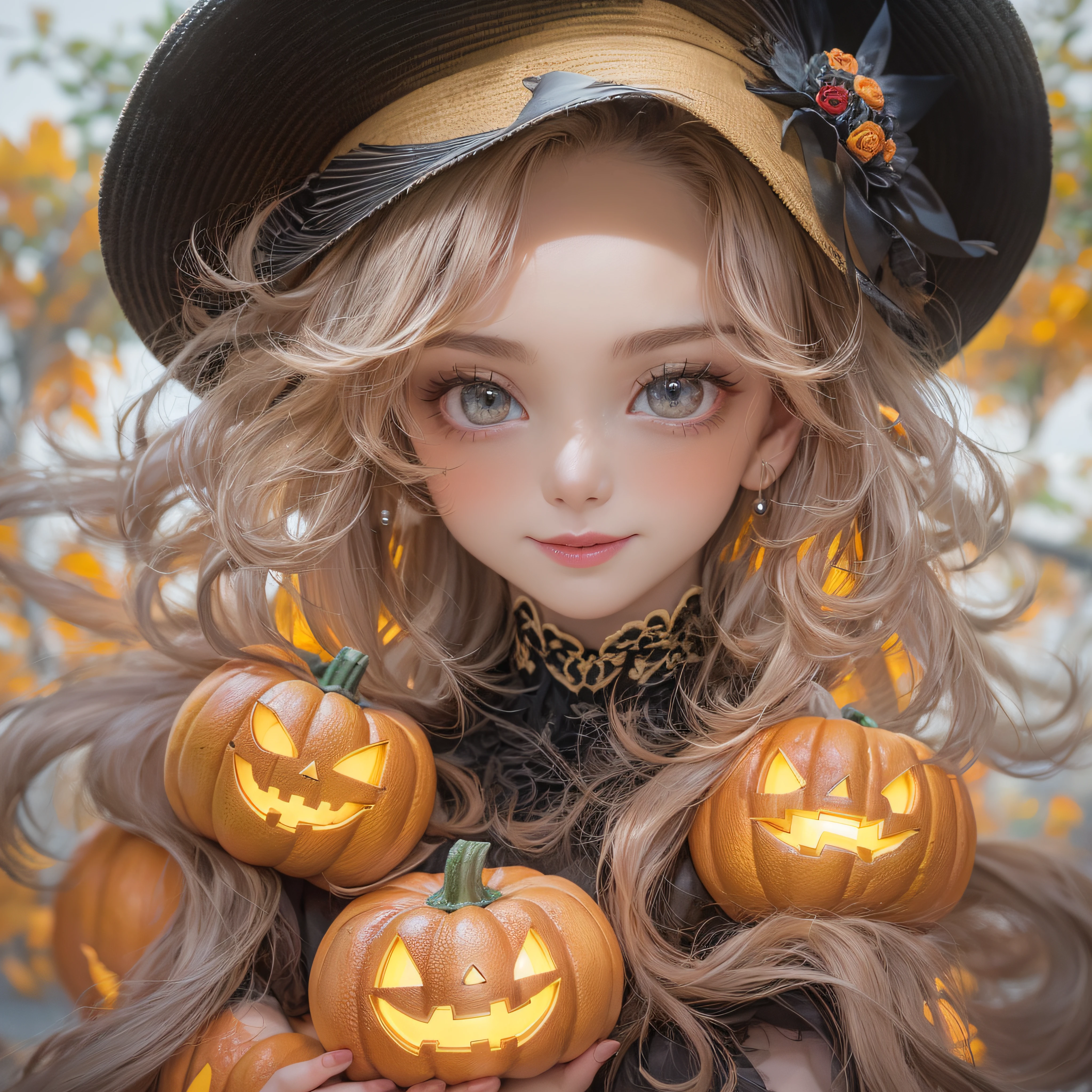 Halloween Hat、close-up of the smile face、close-up of the smile face、Halloween Designer、Halloween Supermodel、makeup、Glossy lips、Shining eyes、(realisitic、hight resolution)、(1 girl in)、Do-Up Eye、Korean Girl、(Best Quality), (masutepiece), (1girl in), Solo, a beauty girl, Perfect face, Highly detailed airbrush art((Surreal))、Volumetric lighting、(top-quality)、The ultra-detailliert、Highly detailed colorful details、(Bright lighting)、dynamic compositions、ultra-detailliert、nffsw、Her eyes are glowing pink、Background Halloween、pumpkins、