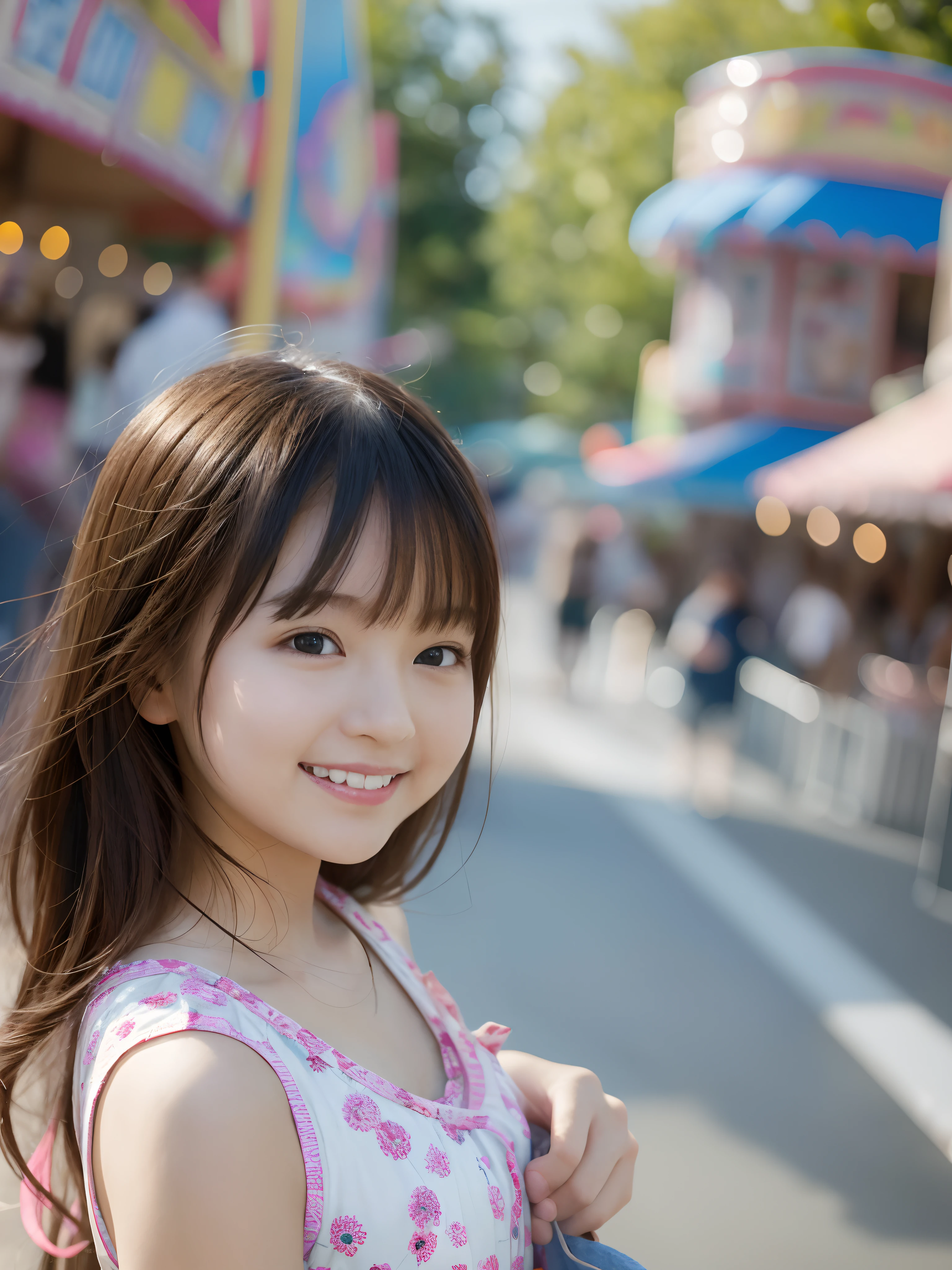 masterpiece、top-quality、Very detailed 8k wallpaper、
Cute s、
girlfriend、Casual clothing、Happy smile、
An amusement park、natta、细致背景、From Side、realisitic、Live action、Summer style、Happy smile
