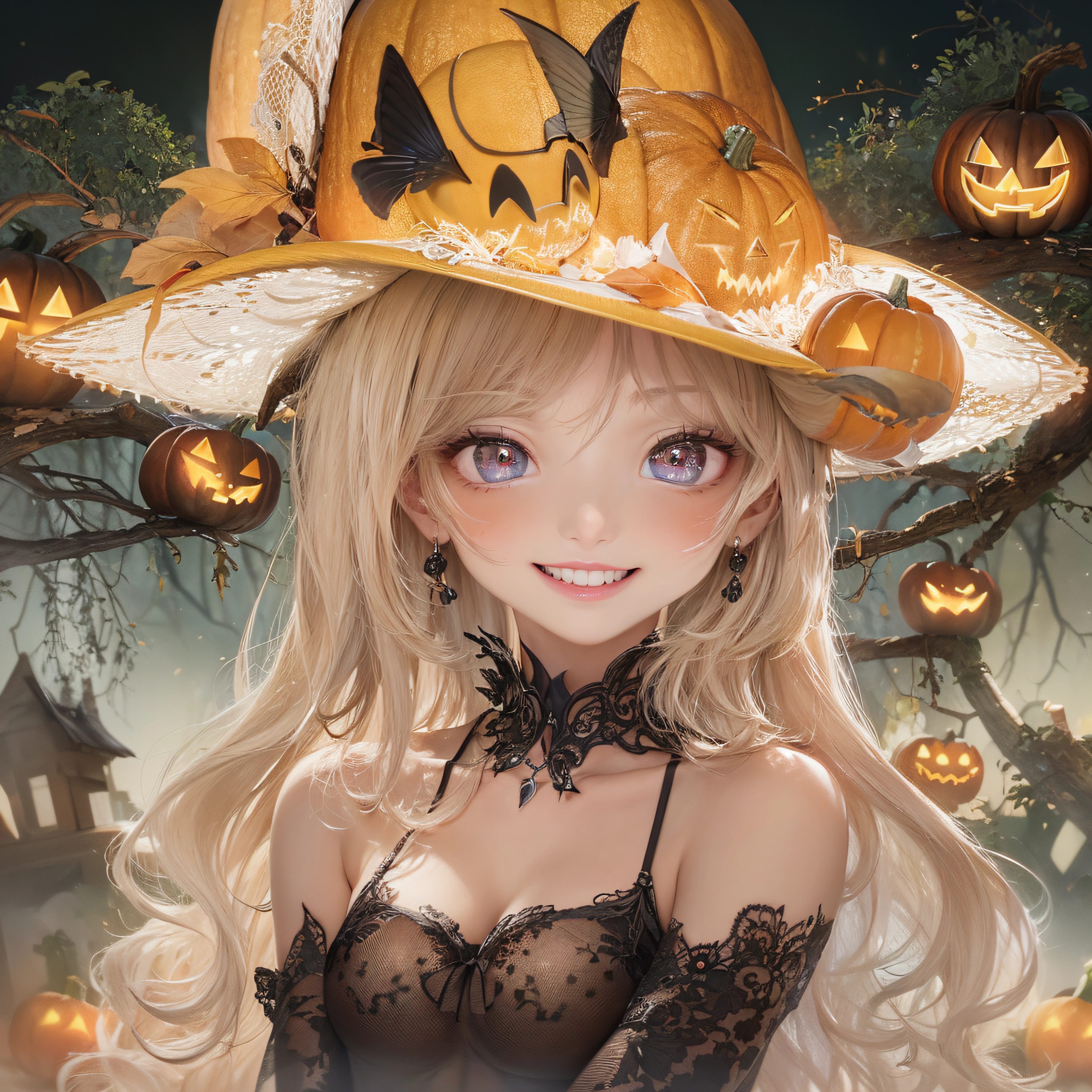 Halloween Hat、close-up of the smile face、close-up of the smile face、Halloween Designer、Halloween Supermodel、makeup、Glossy lips、Shining eyes、(realisitic、hight resolution)、(1 girl in)、Do-Up Eye、Korean Girl、(Best Quality), (masutepiece), (1girl in), Solo, a beauty girl, Perfect face, Highly detailed airbrush art((Surreal))、Volumetric lighting、(top-quality)、The ultra-detailliert、Highly detailed colorful details、(Bright lighting)、dynamic compositions、ultra-detailliert、nffsw、Her eyes are glowing pink、Background Halloween、pumpkins、