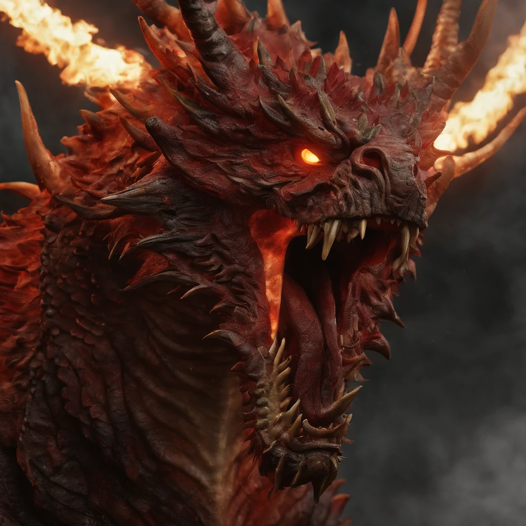 Jin Tianlong，piercing red eyes,Close-up of blood fire released from the nose,Chest scales,high high quality,8K,Many details,Fire lettuce,Alas,4 legs,Spotted claws,golds,dangers,fires,dentes pontiagudos,big dragon,immensity,threatening,imponent