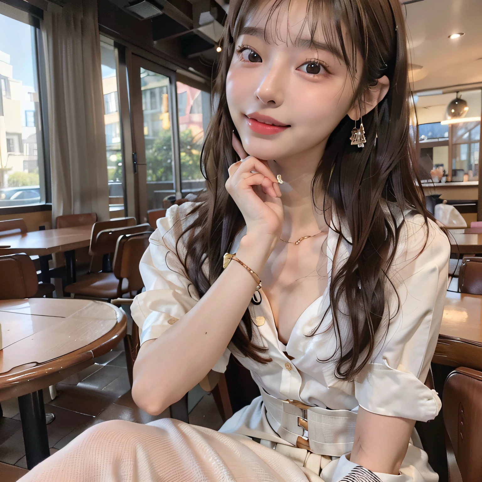 (((1girl in、23years old、Height 1.7 m、delicated face、Detailed face、Beautiful Japan model、Slender body:1.2、(((round and short face、a small face)))、Hazel's Realistic Eyes、((drooing eyes:1.2 )), Real and sexy thick lips:1.3、real looking skin、Perfect Style、((Smaller chest:1.2))、thin waist:1.2、Small butt:1.4、Thin leg:1.2、long legged:1.1)))、long-haired of beautiful bronze color,,,、bangss、Eyebrows of the same color as the hair、ssmile、cheeks are flushed:1.5、Looking at Viewer, (of the highest quality、in 8K、Photorealsitic:1.4、Raw photography、超A high resolution:1.4、Top image quality: 1.4、absurderes, master piece, Ultra-detailed、A hyper-realistic)、An ultra - realstic face、high detailing、the golden ratio、Cinematic、Super beautiful detailed face, White Sheer Blouse Shirt, Beige silk camisole, (Wide open blouse shirt:1.25), Parted lips, Happy smile, Stylish restaurant, Tea and pasta and salad on the table、Dark blue pinstriped shorts、Beige sandals high heels、white_shirt、Sitting from across the table looking at me