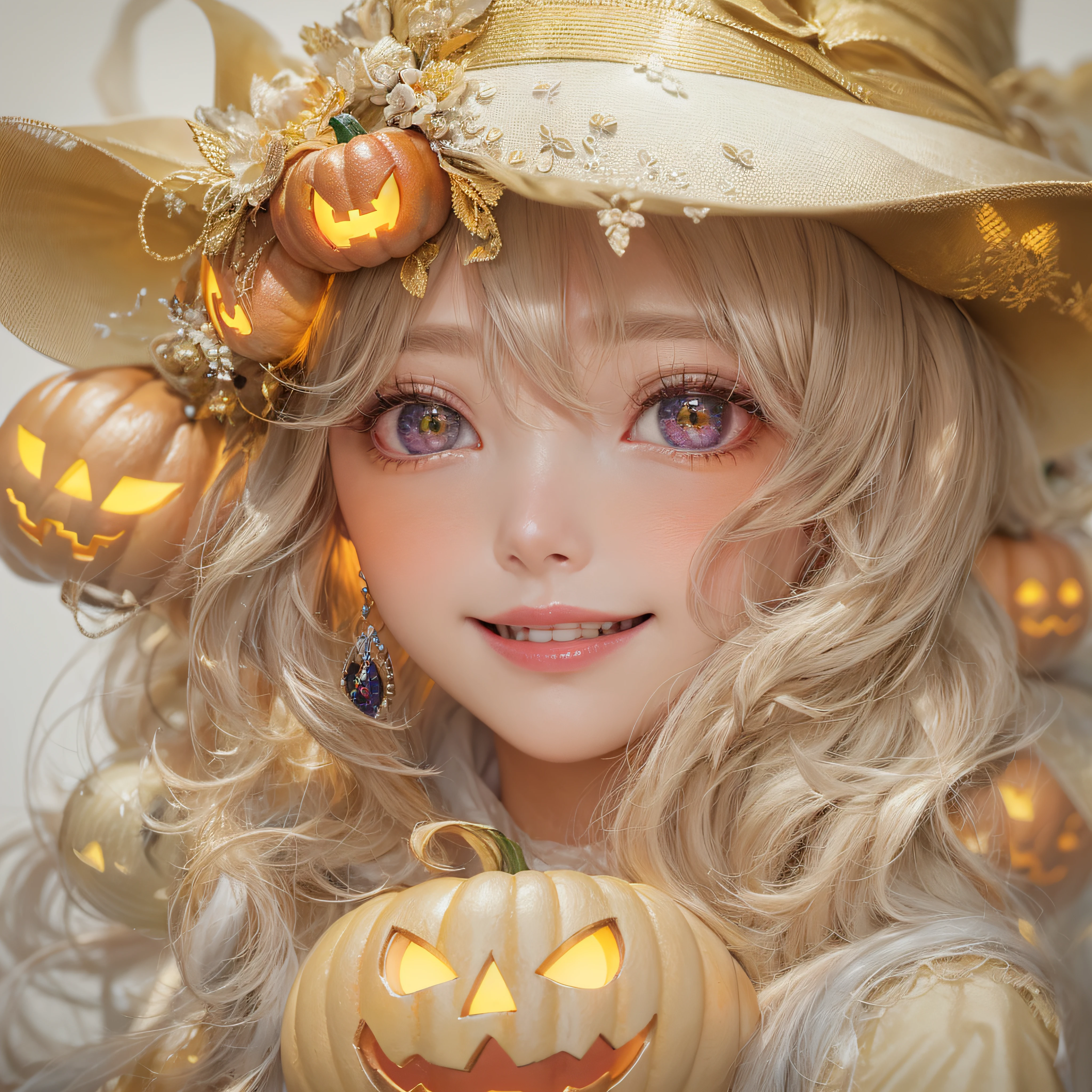 Halloween Hat、close-up of the smile face、close-up of the smile face、Halloween Designer、Halloween Supermodel、makeup、Glossy lips、Shining eyes、(realisitic、hight resolution)、(1 girl in)、Do-Up Eye、Korean Girl、(Best Quality), (masutepiece), (1girl in), Solo, a beauty girl, Perfect face, Highly detailed airbrush art((Surreal))、Volumetric lighting、(top-quality)、The ultra-detailliert、Highly detailed colorful details、(Bright lighting)、dynamic compositions、ultra-detailliert、nffsw、Her eyes are glowing pink、Background Halloween、pumpkins、