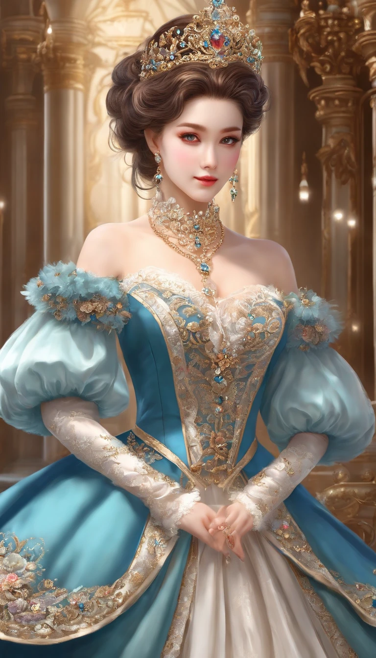((anime art style)),(Masterpiece),(Best quality),(Super detail),(Very delicate and beautiful),Solo,((full bodyesbian,stand posture)),Standing in the royal palace,((1 queen in a gorgeous rococo dress，Wear it with a voluminous full-length hoop skirt)),(crinoline),Gorgeous embroidery,((Gorgeous gemstone jewelry)),Detailed face and eyes,Jewel-like eyes,((Plenty of straight hair,Extremely long fluffy hair)),((huge tit,Long milk,skin indentation)),Gorgeous embroidery,cleavage,Extremely gorgeous hair accessories,(Extremely gorgeous gemstone tiara with sparkling gold),Gorgeous corsage,(Dynamic Angle),view the viewer,((full bodyesbian))