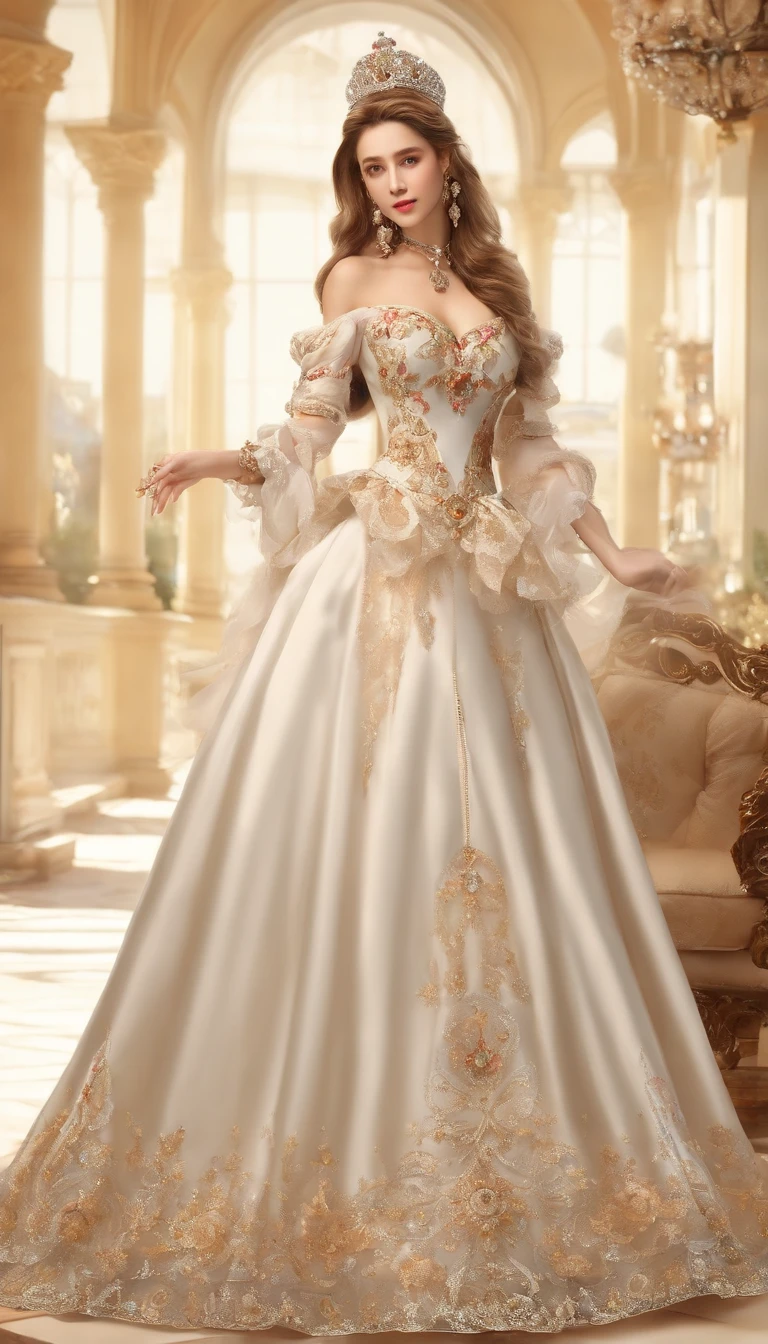 ((anime art style)),(Masterpiece),(Best quality),(Super detail),(Very delicate and beautiful),Solo,((full bodyesbian,stand posture)),Standing in the royal palace,((1 queen in a gorgeous rococo dress,Wear it with a voluminous full-length hoop skirt)),(crinoline),Gorgeous embroidery,((Gorgeous gemstone jewelry)),Detailed face and eyes,Jewel-like eyes,((Plenty of straight hair,Extremely long fluffy hair)),((huge tit,Long milk,skin indentation)),Gorgeous embroidery,cleavage,Extremely gorgeous hair accessories,(Extremely gorgeous gemstone tiara with sparkling gold),Gorgeous corsage,(Dynamic Angle),view the viewer,((full bodyesbian))