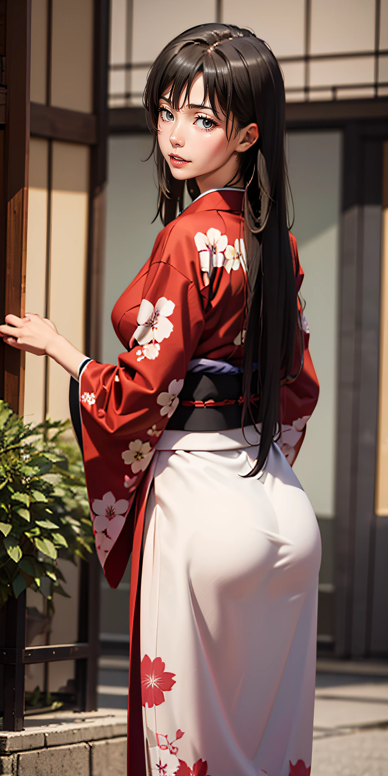 kimono, japanese_clothes, 1girl, floral_print, long_hair, solo, sash, looking_at_viewer, obi, black_hair, looking_back, outdoors, standing, bangs, building, day, red_kimono, from_behind, east_asian_architecture, wide_sleeves, architecture, lips,