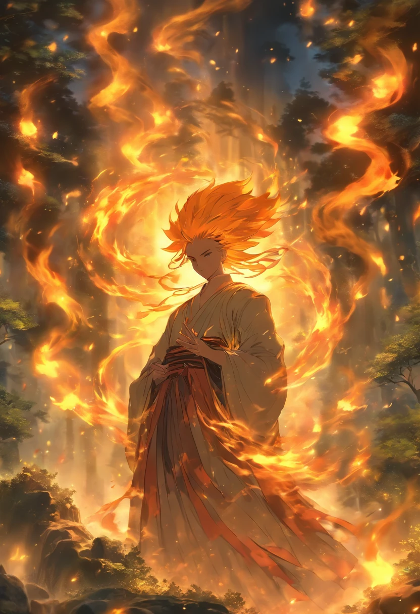 In an ancient forest, The essence of magic is shaped by a young man, His hair was as black as a shadow、His eyes glowed with golden flames。. A mysterious mark adorns his neck, Shining with the light of power. Within liquidation, He was engulfed in a series of flames。, The heat of fire harmonized by otherworldly energy. Magic flame spinning、Love to dance, It evokes a whirling dance of glowing particles, Each one was a fragment of his ethereal aura. Inexplicable symbols materialize in the air, Their brilliance cast an eerie glow under his intense concentration. The scene exudes an ancient sense of power and hidden knowledge, As if the forest itself lives on a long-forgotten secret. Mood is one of mild intensities, A place where nature and magic intertwine. The illustration style is、Capture this aura of mystery through detailed digital art, Intricate line art combined with a vivid color palette. --AR 16:9 - V5