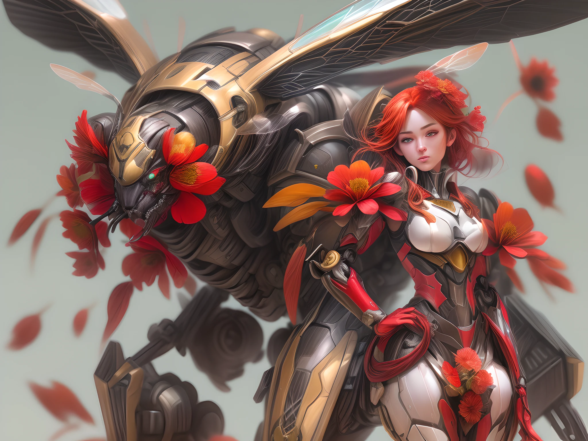 a picture of a mecha woman (riding a bee: 1.2)  near a red flower full body, an exquisite beautiful (ultra detailed, Masterpiece, best quality: 1.3) female mecha woman, dynamic angle (best detailed, Masterpiece, best quality), best detailed face (best detailed, Masterpiece, best quality), ultra feminine (best detailed, Masterpiece, best quality), red hair, long hair, braided hair, dynamic eyes color, (wearing mecha armor: 1.4),  riding  a bee near a (red flower: 1.3) , day light, sun rising,  high details, fantasy art, RPG art best quality, 16k, [ultra detailed], masterpiece, best quality, (ultra detailed), full body, ultra wide shot, photorealistic, mecha musume