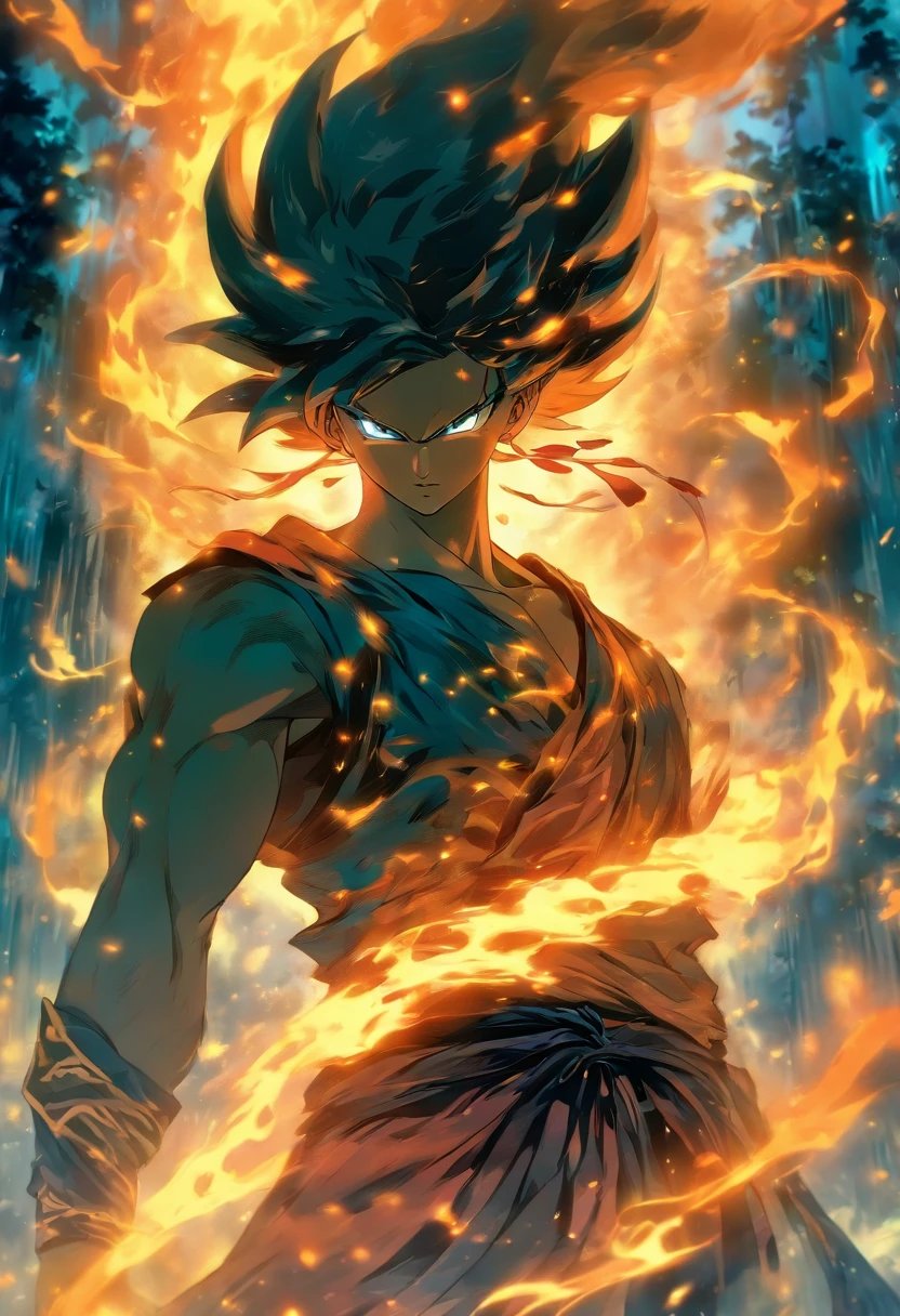 In ancient and overgrown forests, The essence of magic is formed through a young man, His hair was as black as a shadow,His eyes were brilliant golden flames. There is a mysterious mark on his neck, Flashing with latent power. In the open space, He stood in a torrent of flames, The heat of fire is tempered by otherworldly energy. As magical flames hover and dance, It is reminiscent of a whirling dance of luminous particles, Each one was a fragment of his ethereal aura. Mysterious symbols materialize in mid-air, Their light cast an eerie glow under his intense concentration. The scene exudes an ancient sense of power and hidden knowledge, As if the woods themselves were full of long-forgotten secrets. Mood is one of the intensities of tranquility, The balance of nature and magic is intertwined. The illustration style captures this aura of mystery through detailed digital art, Combine complex lines with a vibrant color palette. --AR 16:9 --V 5