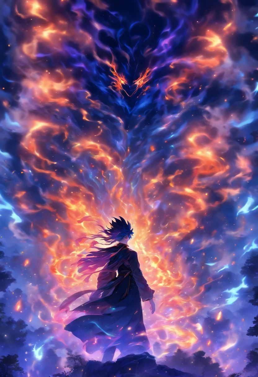 In ancient and overgrown forests, The essence of magic is formed through a young man, His hair was as black as a shadow,His eyes were brilliant golden flames. There is a mysterious mark on his neck, Flashing with latent power. In the open space, He stood in a torrent of flames, The heat of fire is tempered by otherworldly energy. As magical flames hover and dance, It is reminiscent of a whirling dance of luminous particles, Each one was a fragment of his ethereal aura. Mysterious symbols materialize in mid-air, Their light cast an eerie glow under his intense concentration. The scene exudes an ancient sense of power and hidden knowledge, As if the woods themselves were full of long-forgotten secrets. Mood is one of the intensities of tranquility, The balance of nature and magic is intertwined. The illustration style captures this aura of mystery through detailed digital art, Combine complex lines with a vibrant color palette. --AR 16:9 --V 5