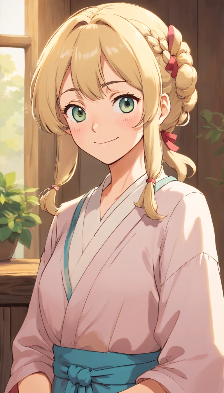 Aunt betty,smirk,not to old lady,blond hair,wearing mother outfit,tied hair,mom face.