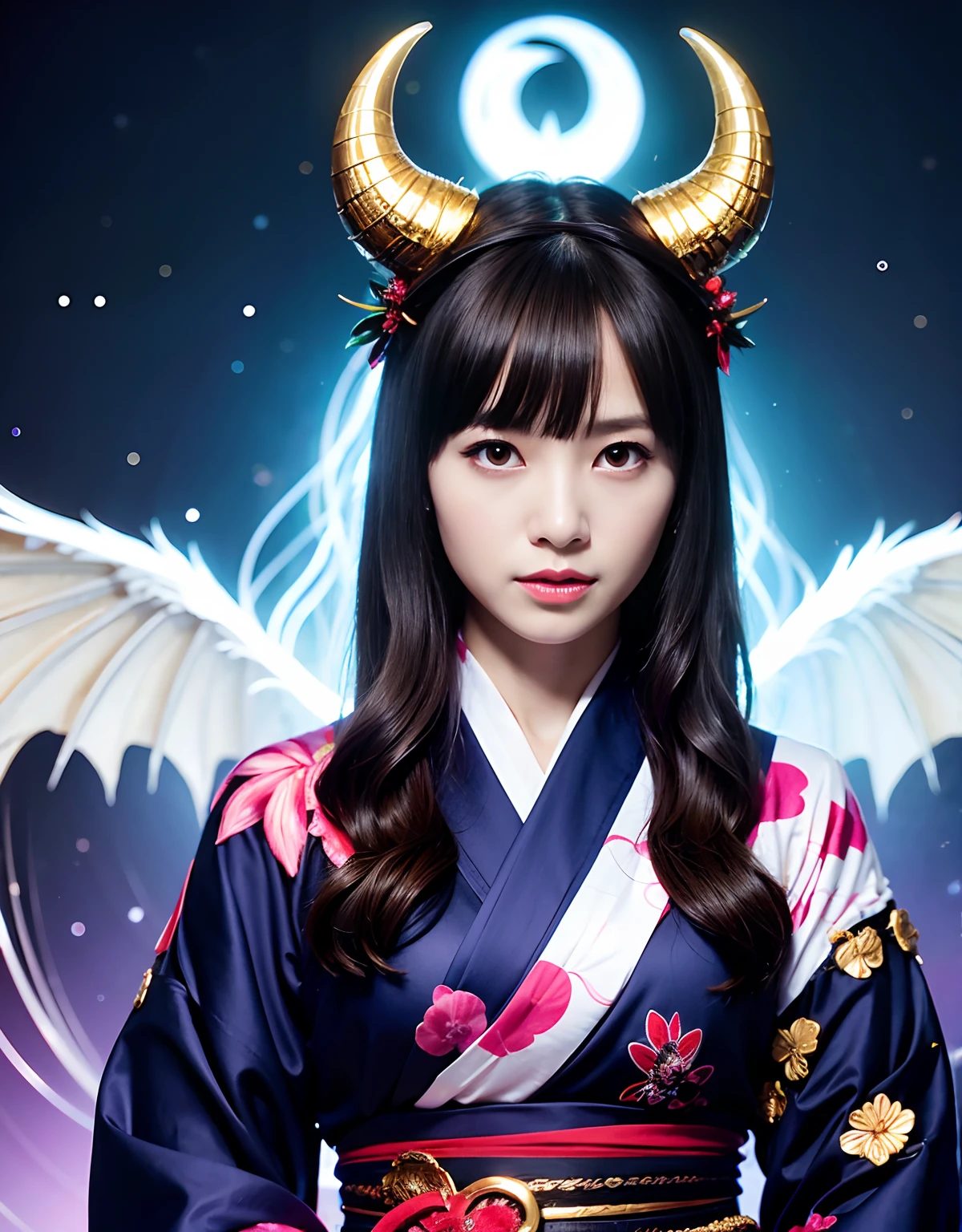 ((White ghost flies)),Professional , ​masterpiece、top-quality、photos realistic , depth of fields 、（Various poses）、(Background of cherry blossoms in full bloom),（Ultimate Beauty）、（A dark-haired）、（Fight ninjas)、（Kimono with scary pattern）、（Night background）、（（Devil's Wings Grow））,(Wear a kimono with a horror pattern),（Wearing a beautiful kimono with colorful scary patterns）、Jewel Gold Weapon、Particles of light),（Has a devil's mask）、Gorgeous gold weapons ,Skeleton population、（（ Gorgeous Dragon Sword）） , （a dark night）,,（White ghost flies） 、（（Black Haired Beautiful Girl））、（Castle background）、（demonic wings）、（（Gangle's forest background））、Beautiful Caucasian beauty、１a person、dynamic ungle,(((Two devil's horns on the head)))、Smaller head、Idle Smile、Thin and beautiful female hands、Mystical expression、Light Effects、intense fighting、Wind-effect、magic circles、With the legendary magic wand、Dragon's tail、