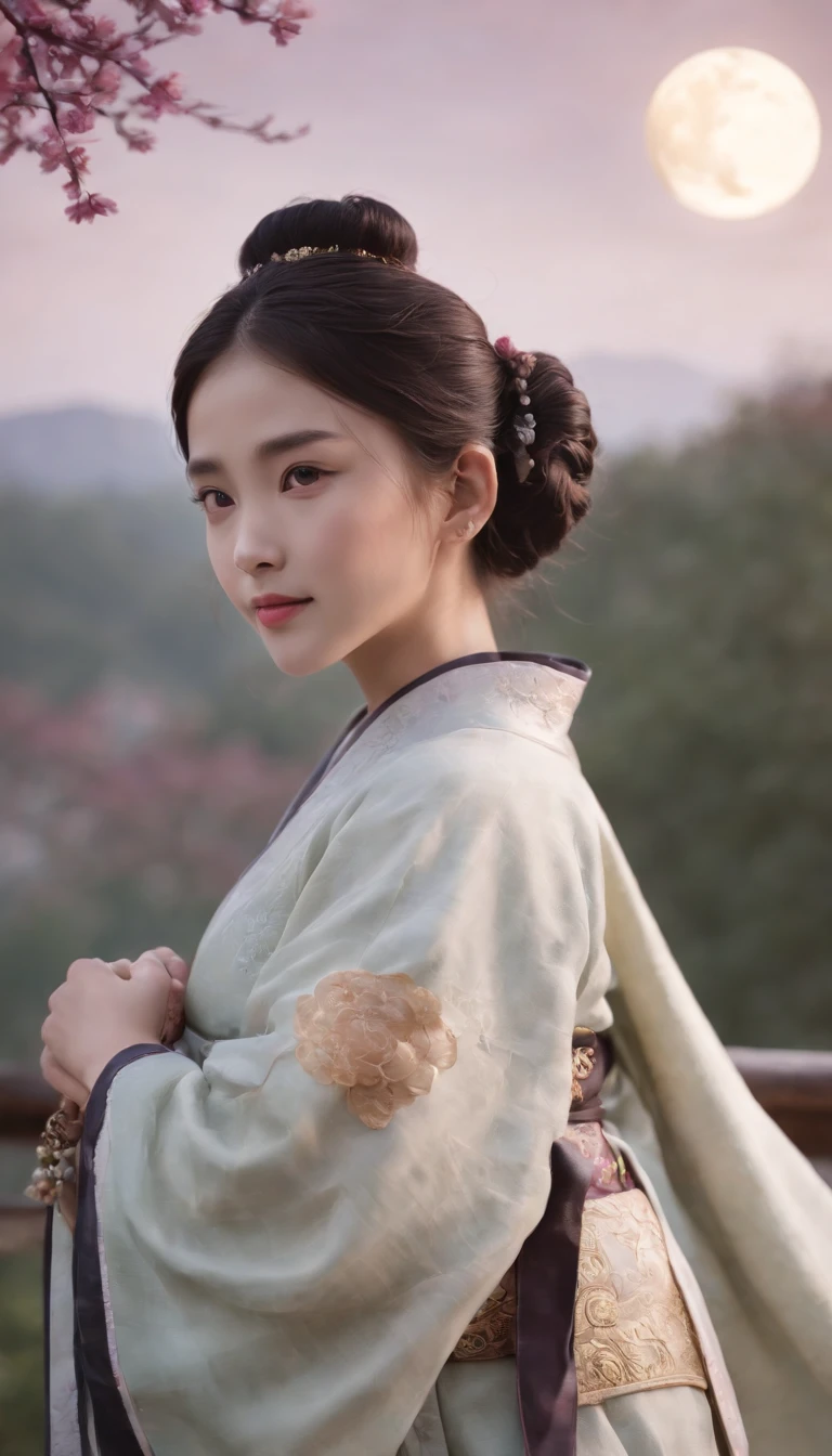1girll, Moon, hair adornments, full moon, Cloud, sky,Night, Chinese clothes, Solo, Smile, Wide sleeves, Night sky, Long sleeves, flower, hug, hair flower, petals, child, Blush, parted lip, Black hair, Rabbit, Cloudy sky, forehead mark, Black eyes, face markings, updo, Artist name, Animal hugs, Hanfu, hair-bun, Girl child, Holding, Outdoors, Short hair, sleeves past wrists