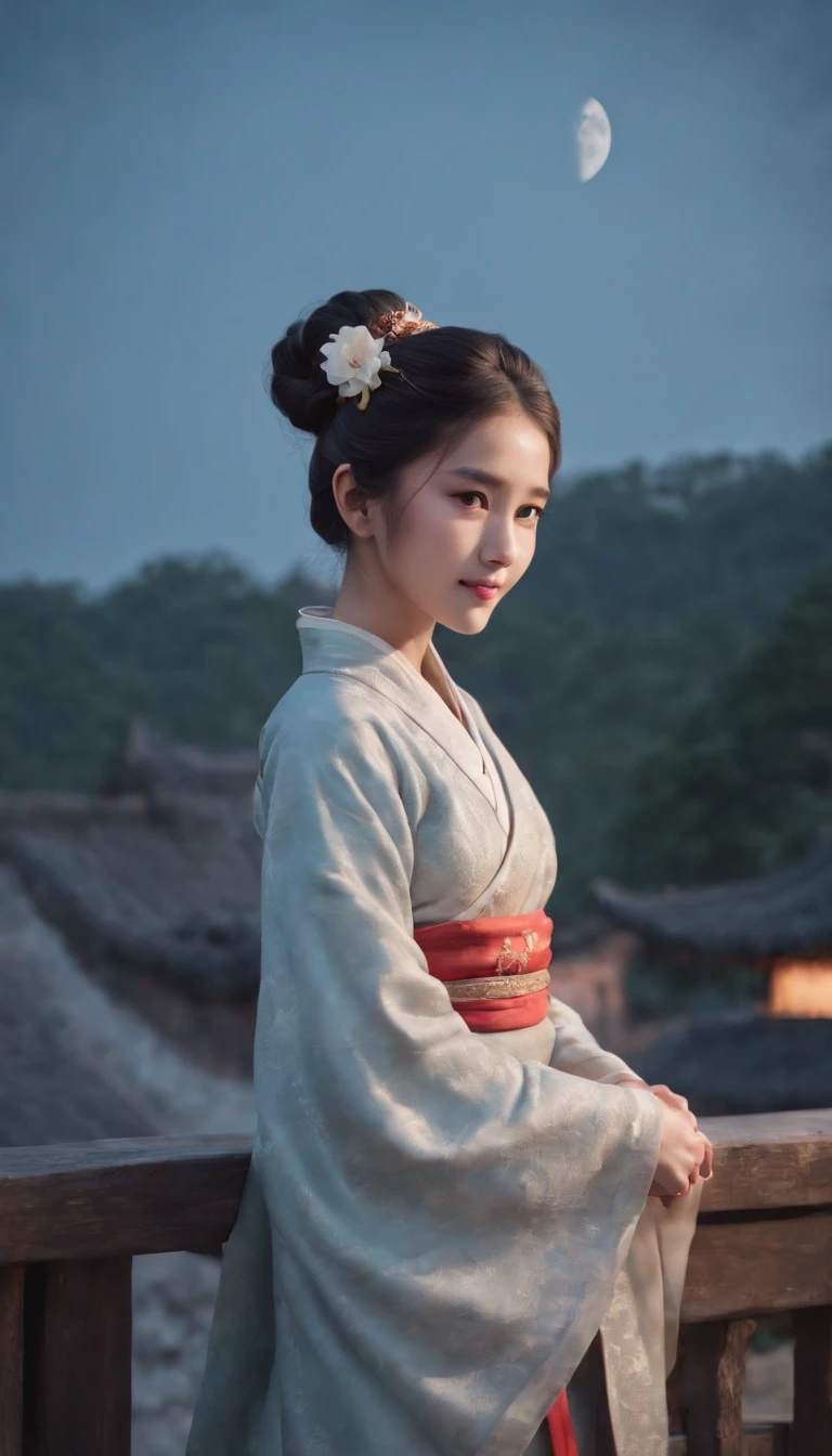 1girll, Moon, hair adornments, full moon, Cloud, sky,Night, Chinese clothes, Solo, Smile, Wide sleeves, Night sky, Long sleeves, flower, hug, hair flower, petals, child, Blush, parted lip, Black hair, Rabbit, Cloudy sky, forehead mark, Black eyes, face markings, updo, Artist name, Animal hugs, Hanfu, hair-bun, Girl child, Holding, Outdoors, Short hair, sleeves past wrists