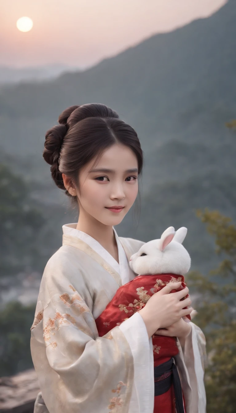 1girll, Moon, hair adornments, full moon, Cloud, sky,Night, Chinese clothes, Solo, Smile, Wide sleeves, Night sky, Long sleeves, flower, hug, hair flower, petals, child, Blush, parted lip, Black hair, Rabbit, Cloudy sky, forehead mark, Black eyes, face markings, updo, Artist name, Animal hugs, Hanfu, hair-bun, , Holding, Outdoors, Short hair, sleeves past wrists