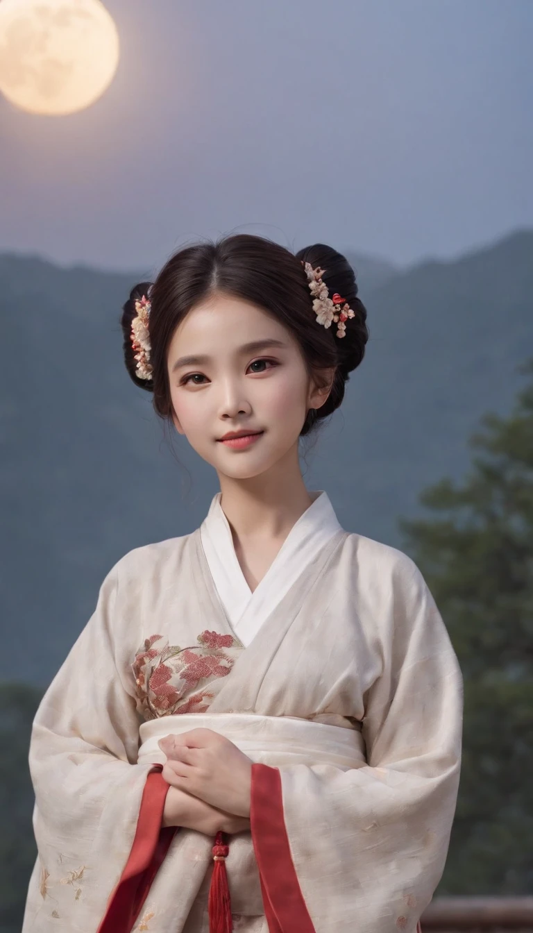 1girll, Moon, hair adornments, full moon, Cloud, sky,Night, Chinese clothes, Solo, Smile, Wide sleeves, Night sky, Long sleeves, flower, hug, hair flower, petals, child, Blush, parted lip, Black hair, Rabbit, Cloudy sky, forehead mark, Black eyes, face markings, updo, Artist name, Animal hugs, Hanfu, hair-bun, , Holding, Outdoors, Short hair, sleeves past wrists